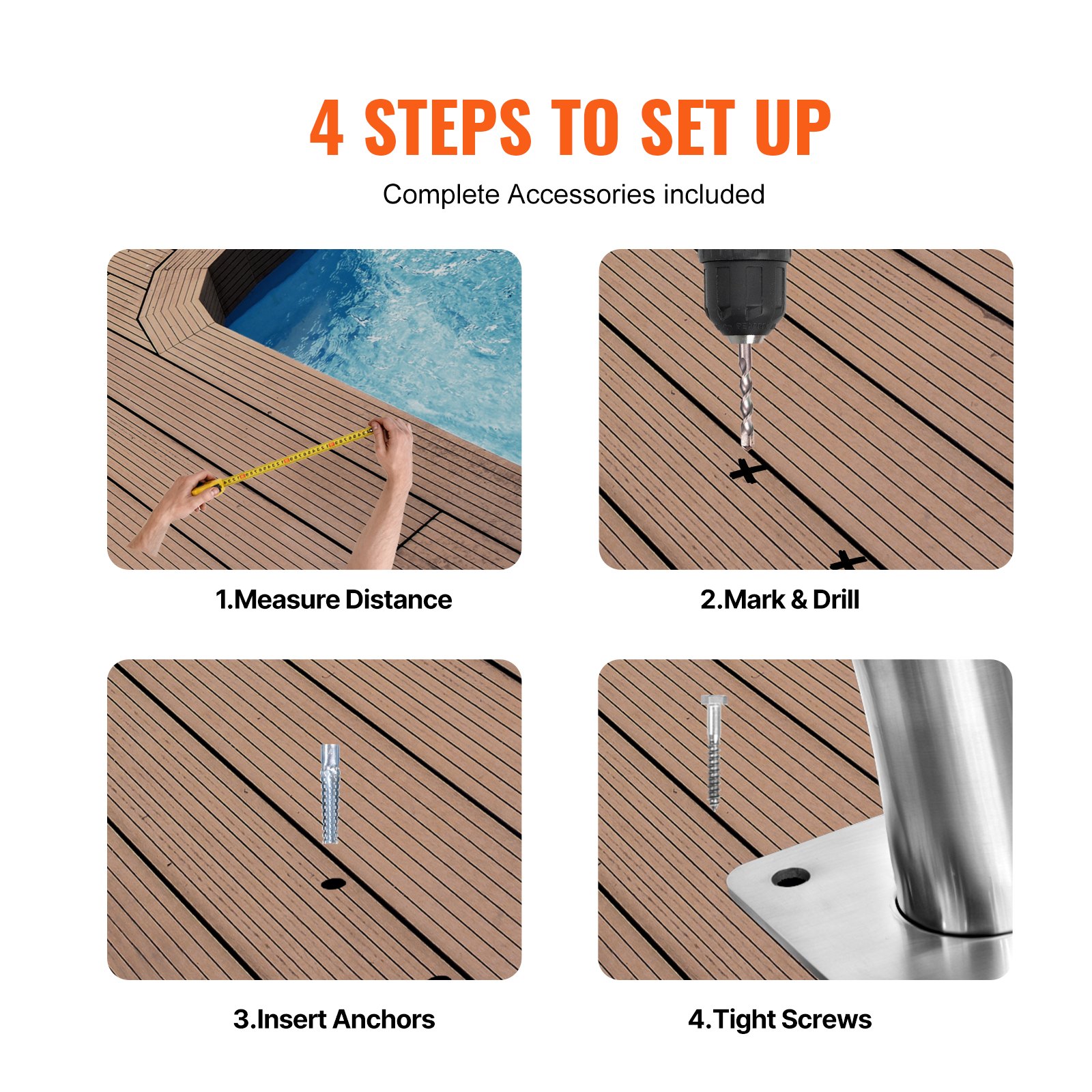 Pool Handrail, 2 PCS 30x30 In Pool Railing, Stainless Steel With Base Plate For Indoor/Outdoor Pools,Swimming Pool Safety Railing For Decks,Rust-Proof Grab Bar W/ Grip Cover&Accessories For Spas