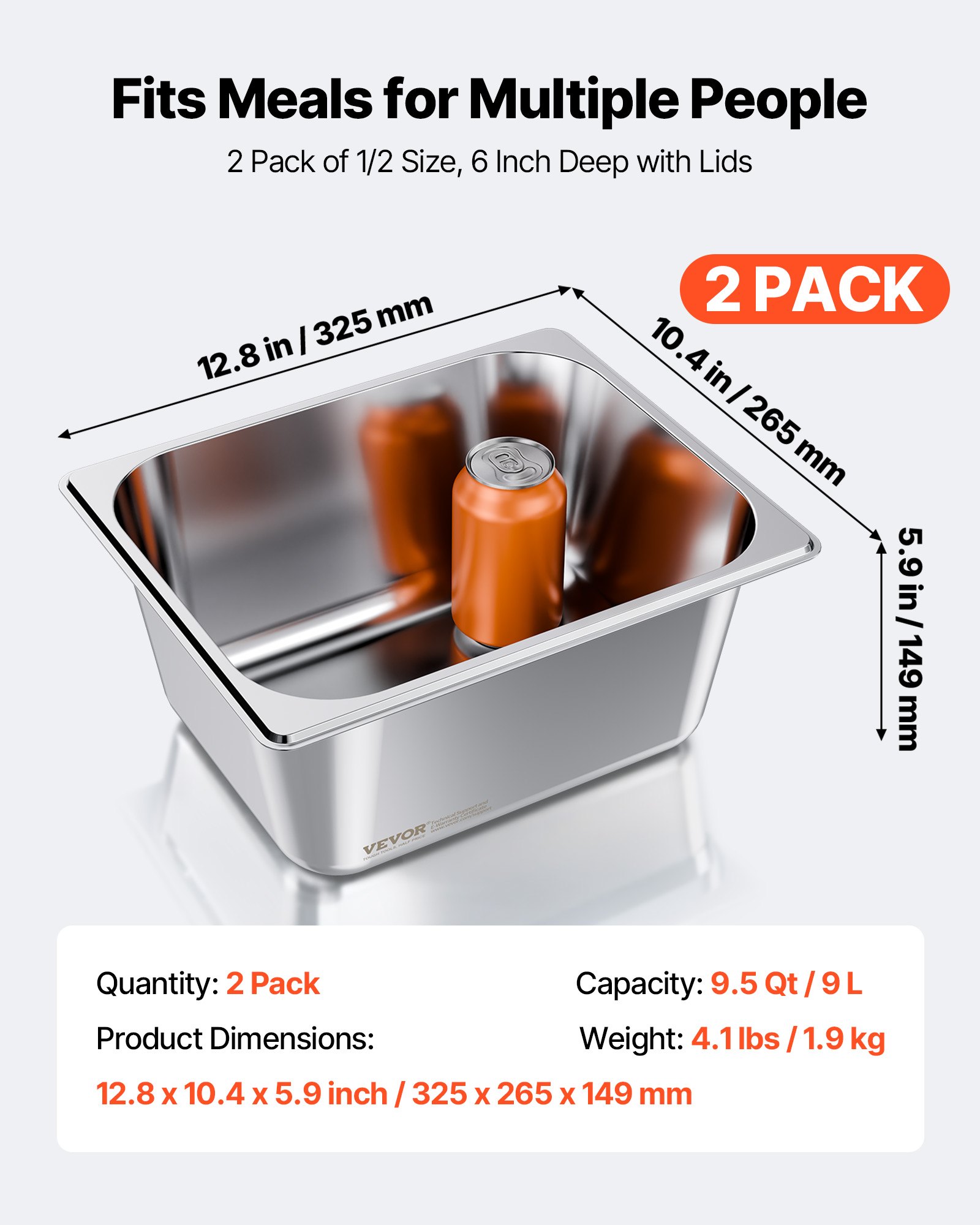 2 Pack Stainless Steam Hotel Pans, 1/2 Size Table With Lids, 6 Inch Deep, Anti — image 3