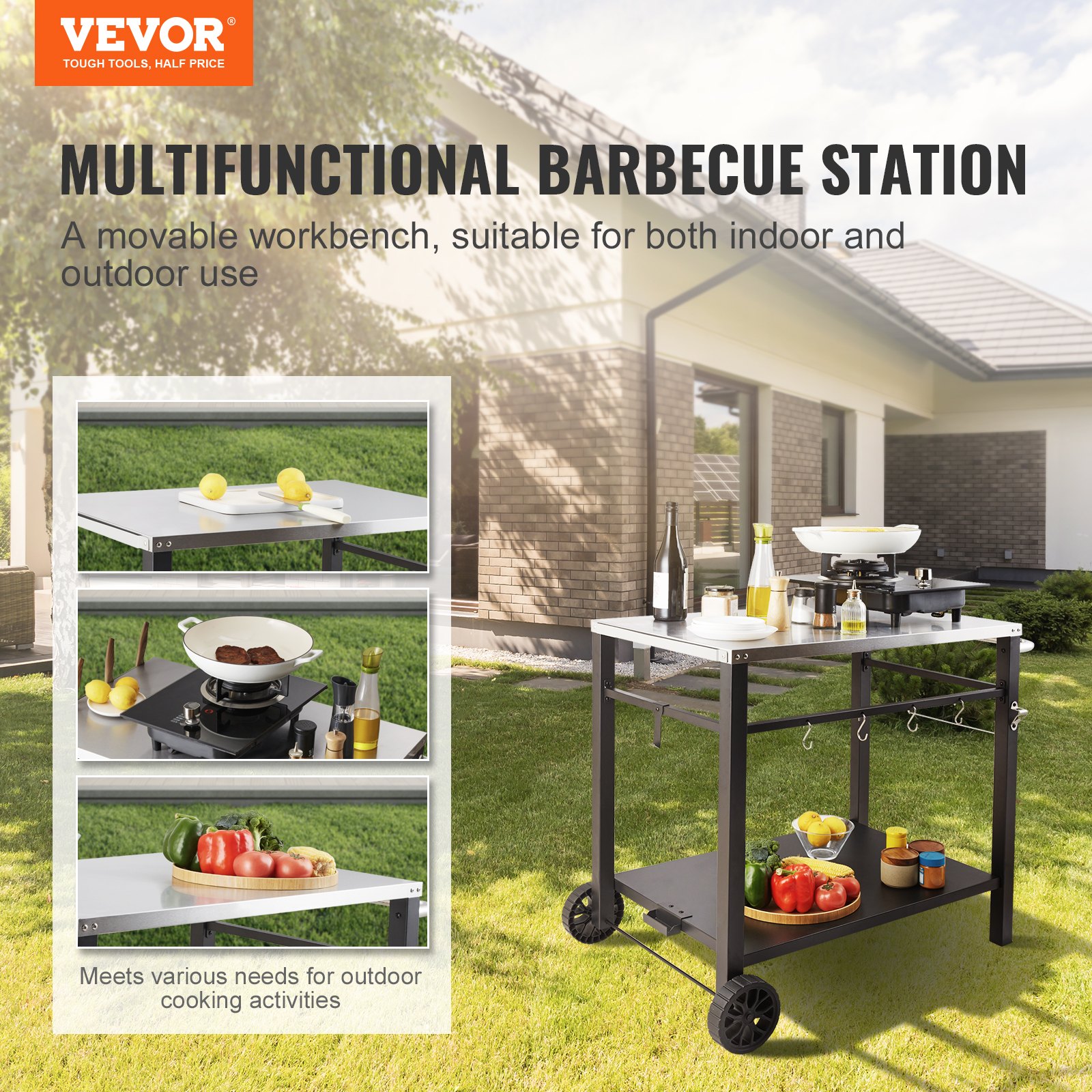Outdoor Grill Dining Cart With Double-Shelf, BBQ Movable Food Prep Table — image 3