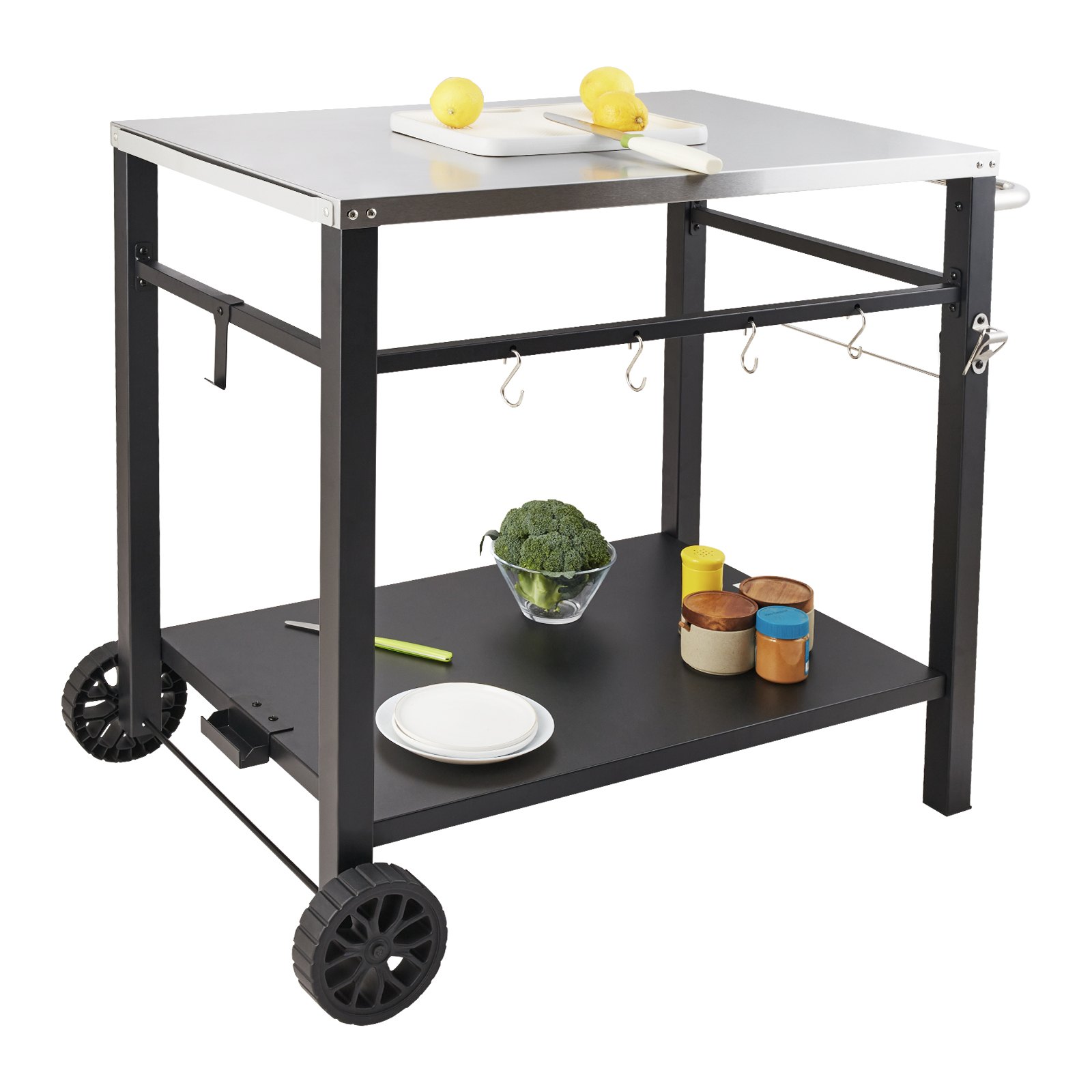 Outdoor Grill Dining Cart With Double-Shelf, BBQ Movable Food Prep Table — image 4