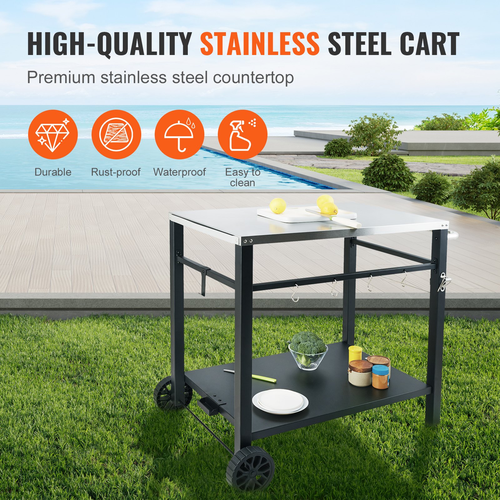 Outdoor Grill Dining Cart With Double-Shelf, BBQ Movable Food Prep Table