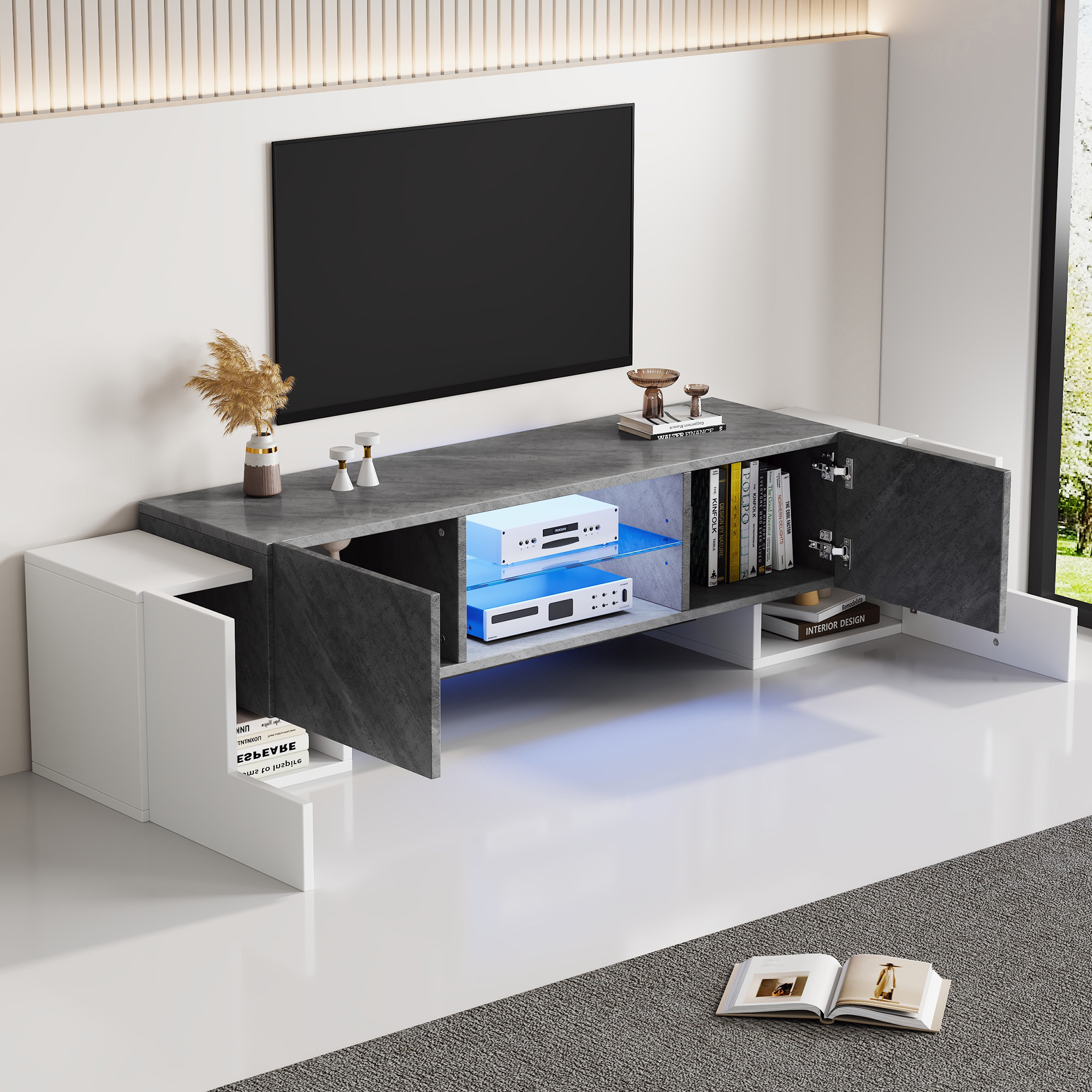 TV Stand Cabient, 4 Doors, 2 Open Storage Areas,TV Cabinet Sideboard With LED — image 4
