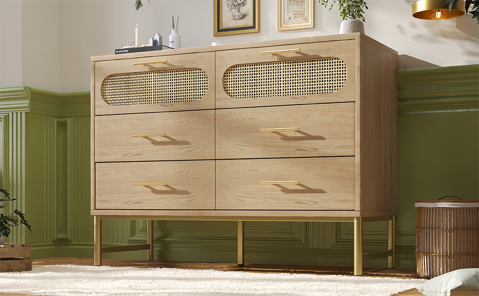 Rattan Sideboard Storage Cabinet With 6 Drawers, Cupboard Sideboards For Living Room, Bedroom, And Hallway, Metal Handles, Anti-Tip, 120 X 40 X 74 Cm, Oak 05cd3835 E9fe 4bc5 B4cb 8f10aac958f2