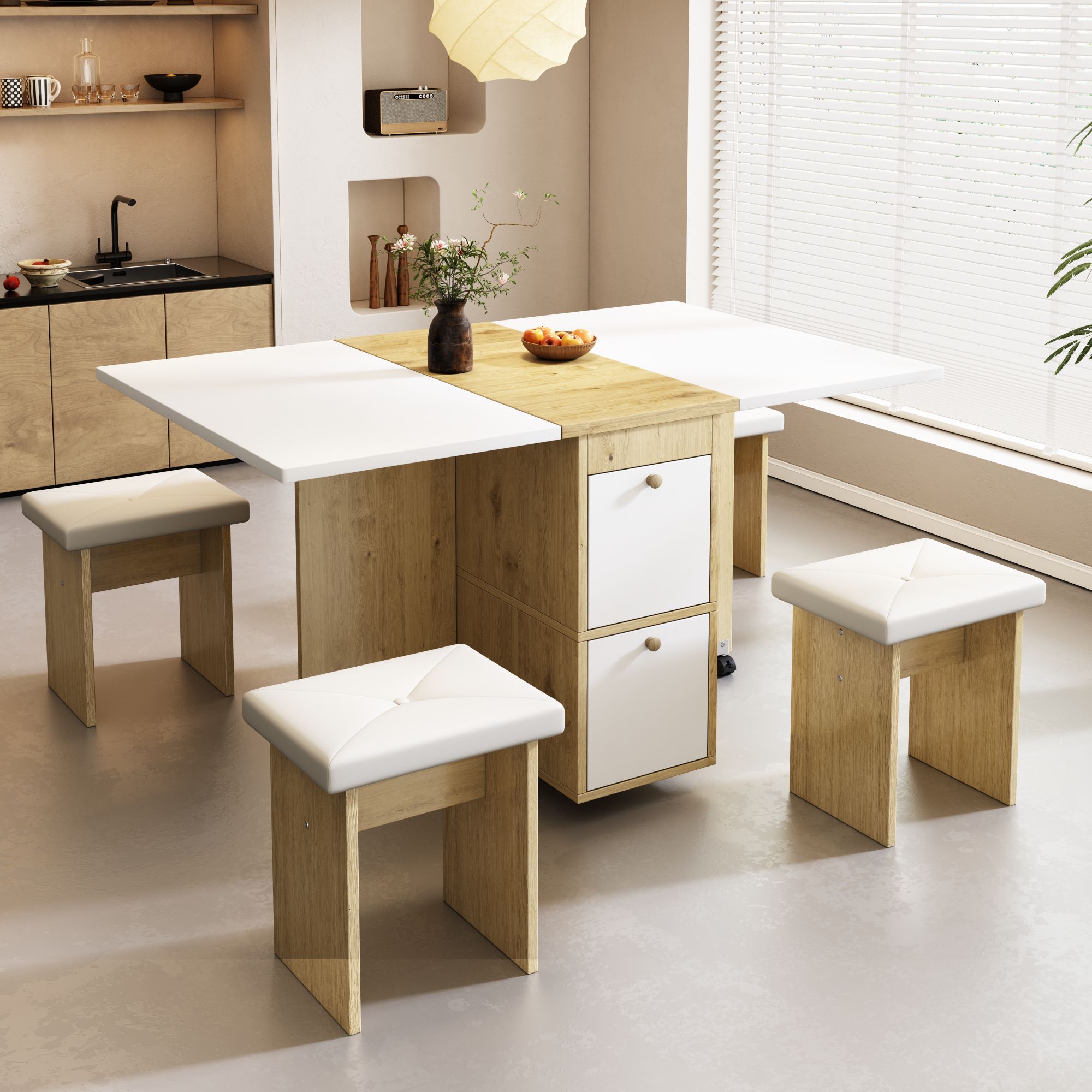 Folding white and oak dining table set with four chairs