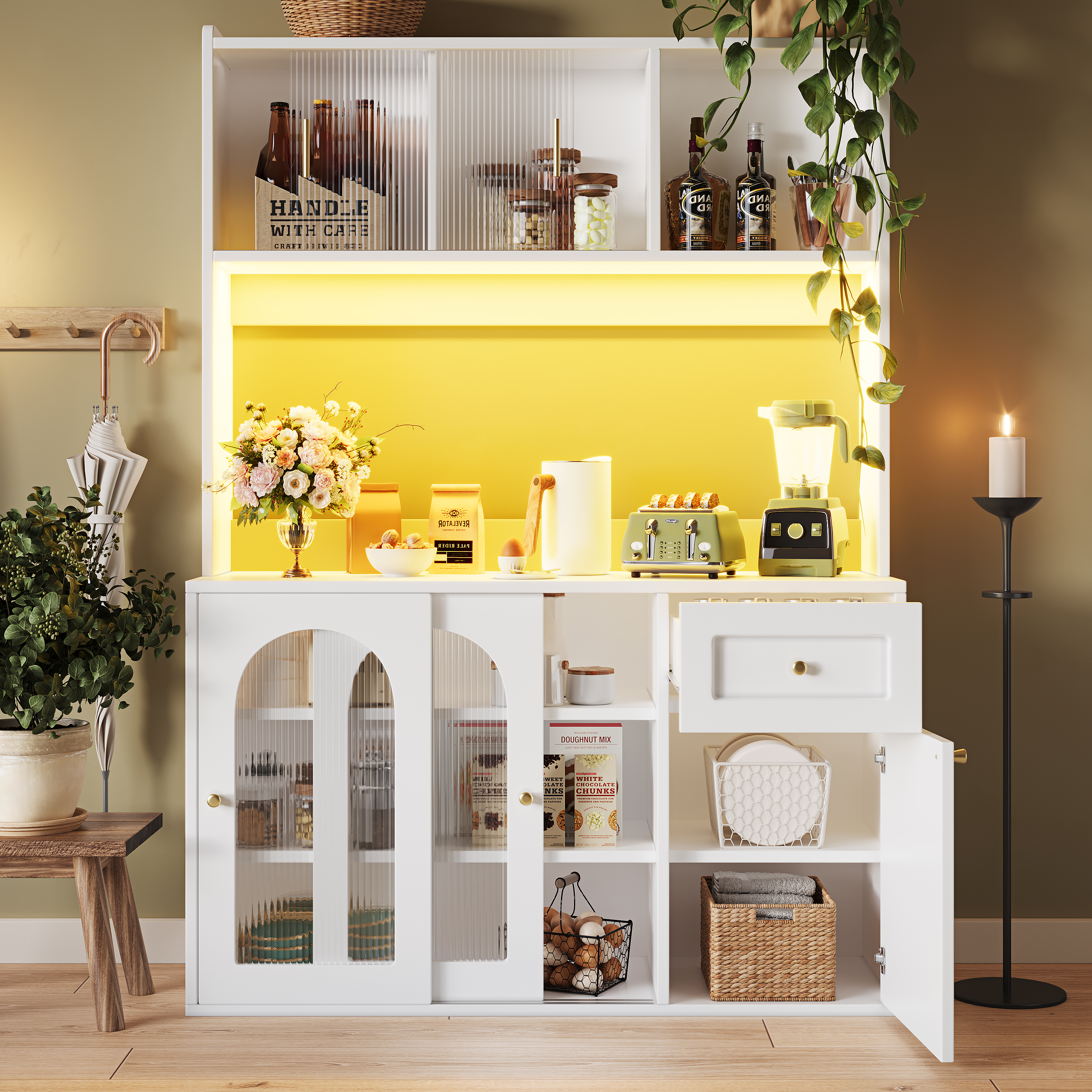 Modern white sideboard with glass sliding doors and music-sync LED lighting