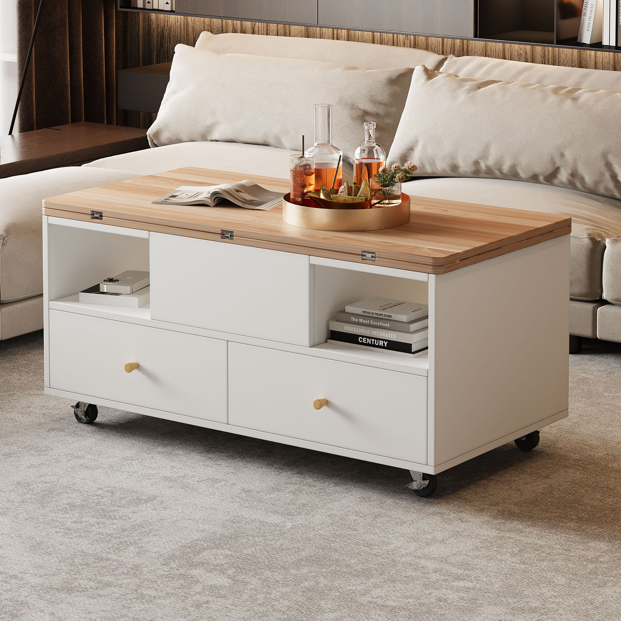 Lift Top Coffee Table With Wheels, Centre 4 Drawers 2 Lifting Platforms