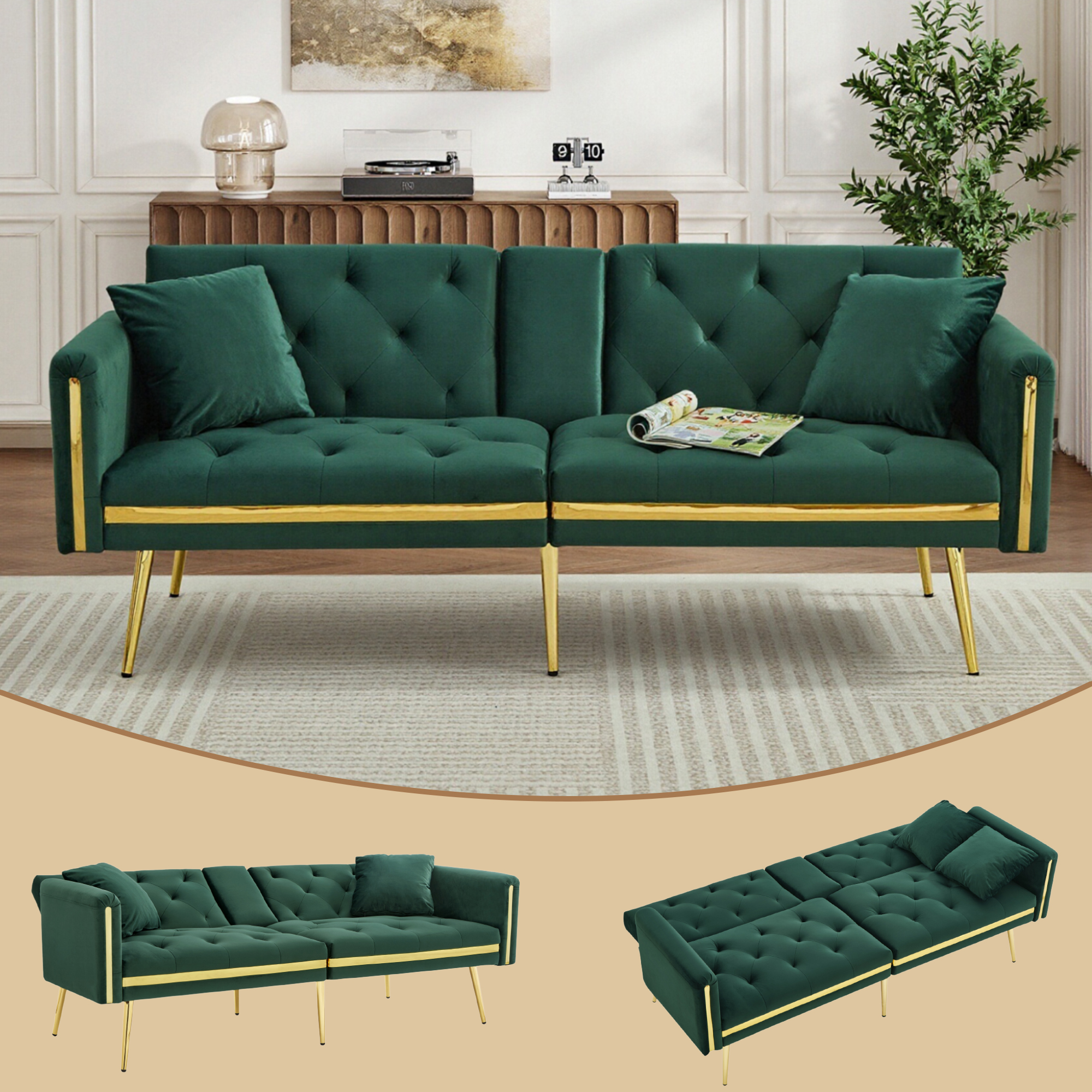 Premium green velvet 2-seater sofa bed with gold PVC trim accents