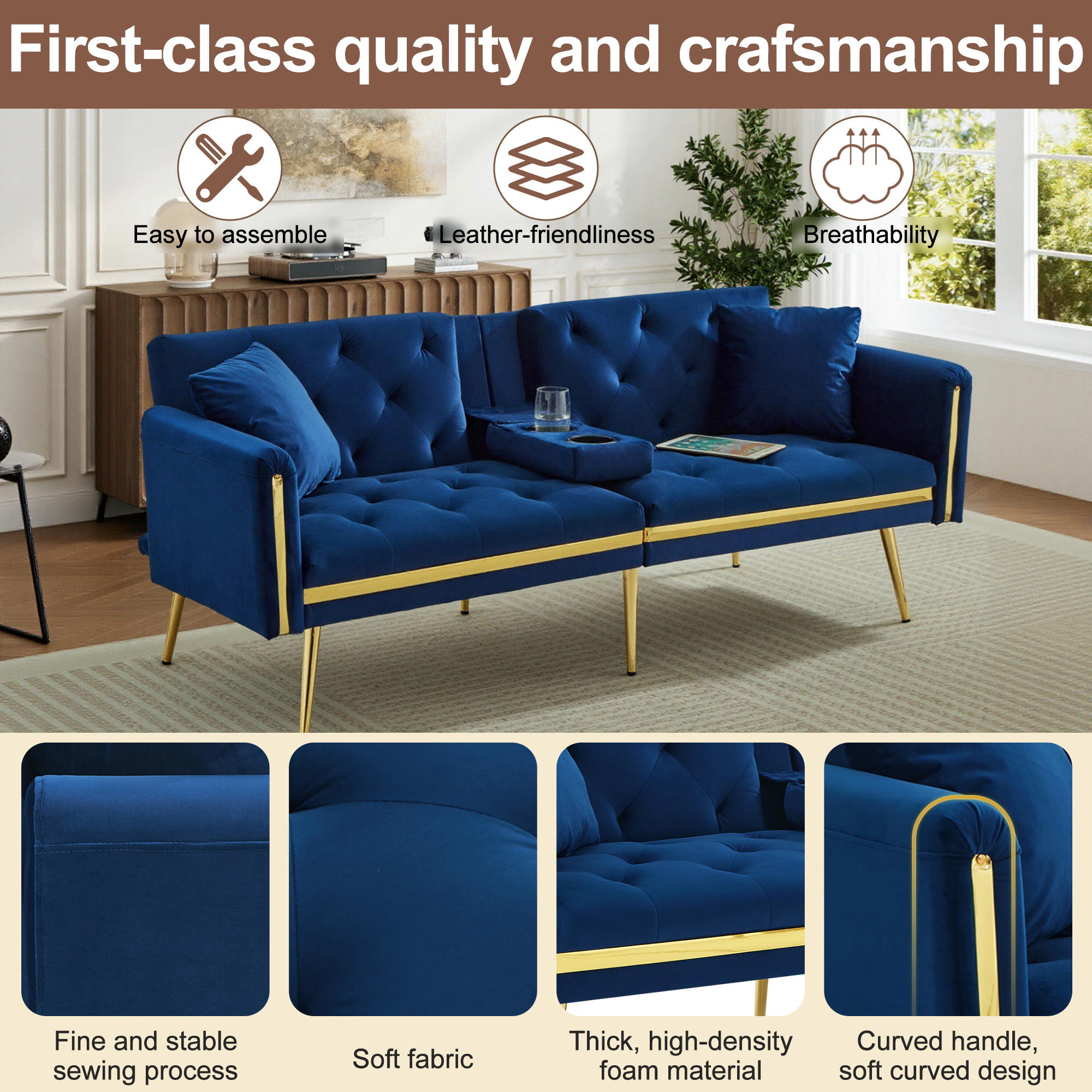 Two-seater Sofa Bed With Adjustable Backrest, Gold Accents And Built-in Cup — image 5
