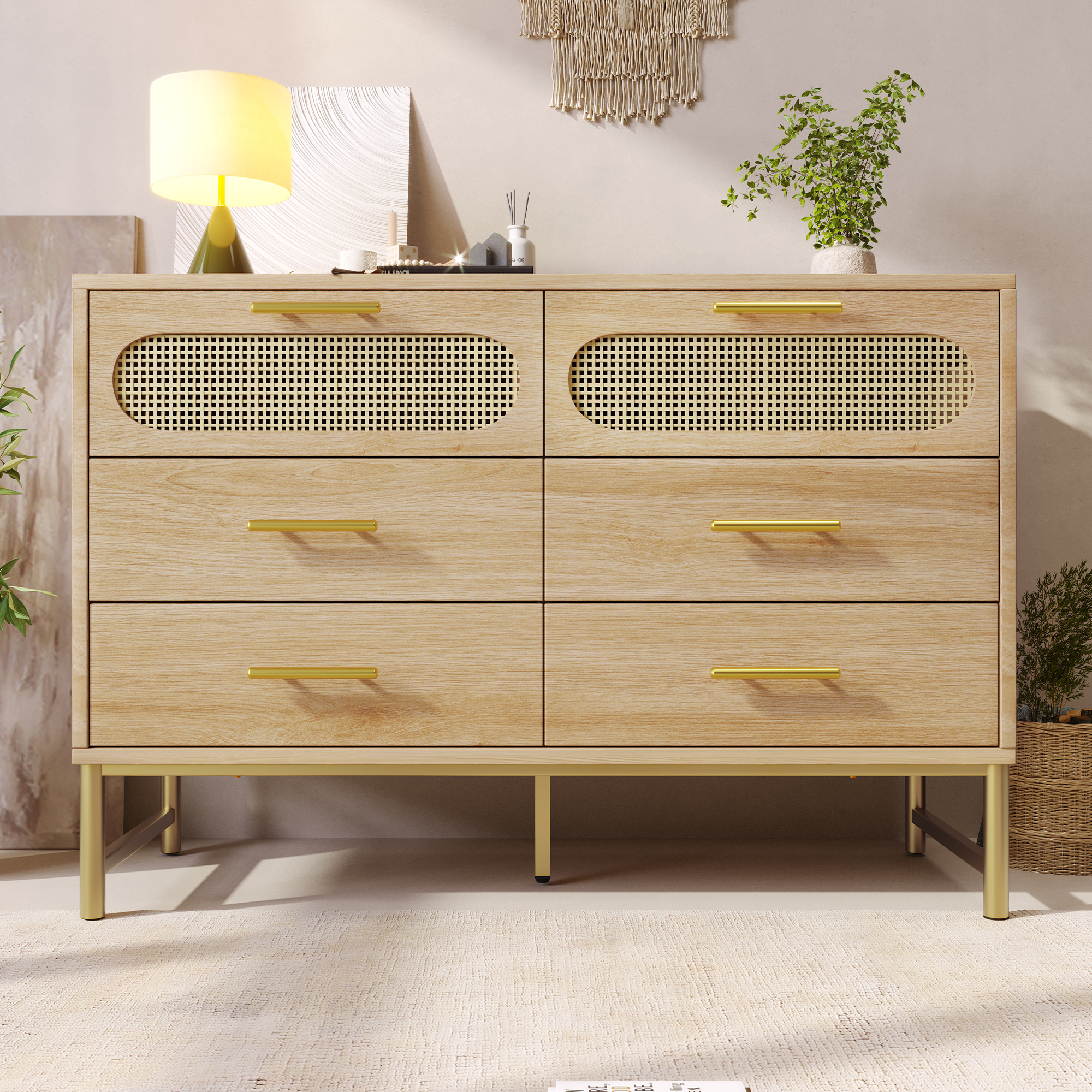 Rattan Sideboard Storage Cabinet With 6 Drawers, Cupboard Sideboards For Living Room, Bedroom, And Hallway, Metal Handles, Anti-Tip, 120 X 40 X 74 Cm, Oak 160ca0db 1319 4ec0 B2bf F4bccc7e0363