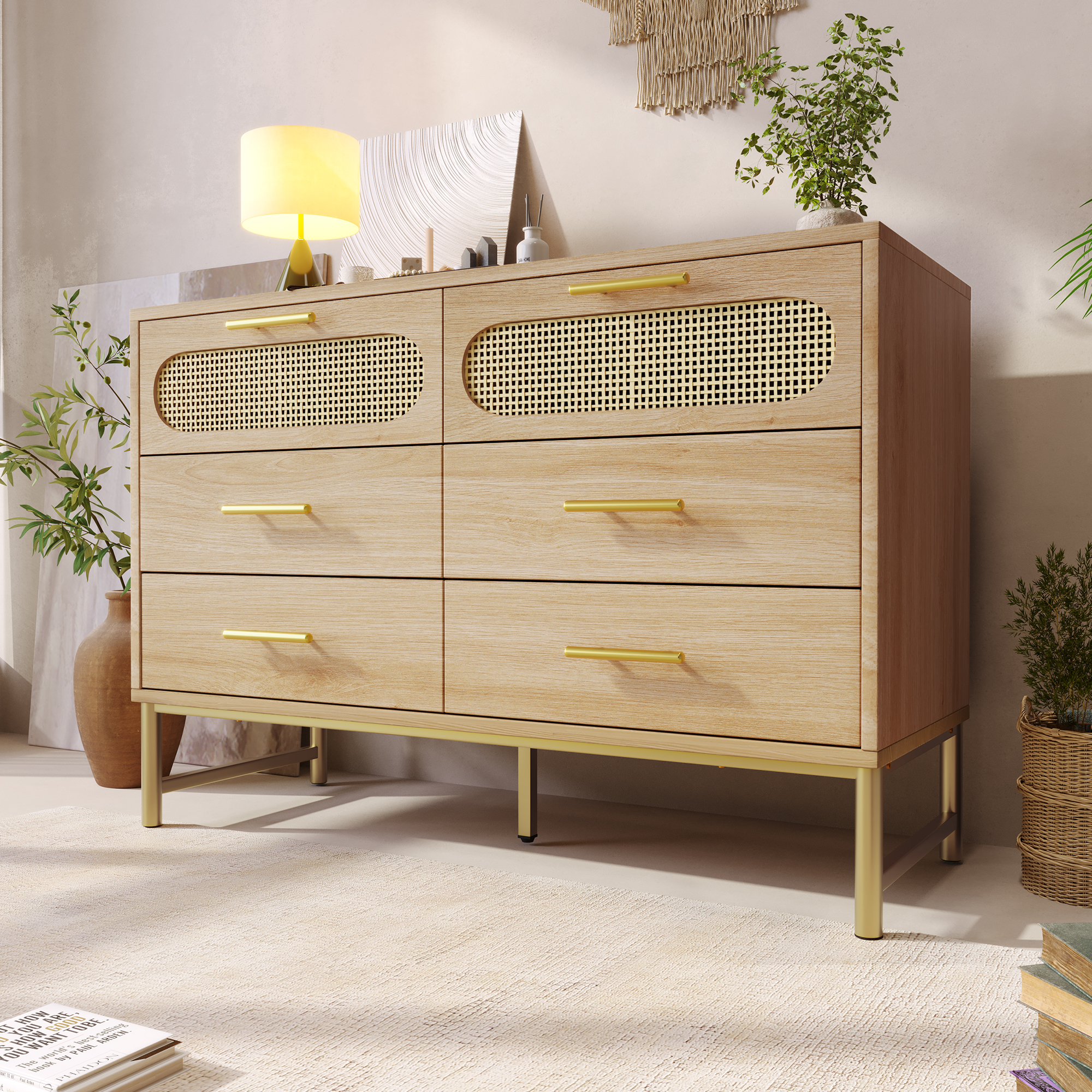 Rattan Sideboard Storage Cabinet With 6 Drawers, Cupboard Sideboards For Living Room, Bedroom, And Hallway, Metal Handles, Anti-Tip, 120 X 40 X 74 Cm, Oak 1b5883f4 E2a6 4b42 Bfbb D4ce41dff9a3