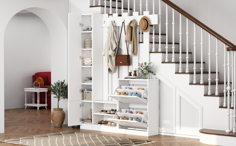 Coat Rack With 4 Tiers Shoe Storage Cabinet, 5 Hooks And Mirror, Hall Tree — image 3