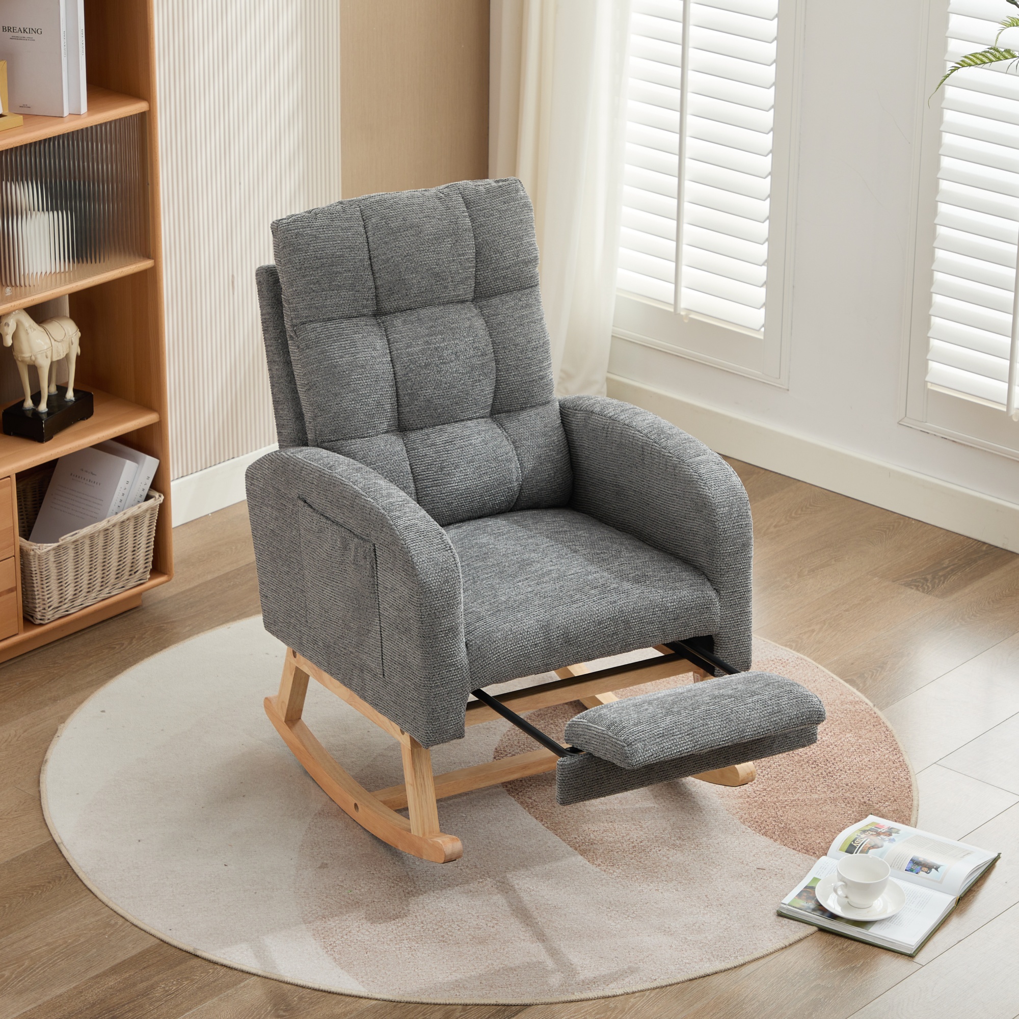 Rocking Chair With Adjustable Footrest For Living Room, Waffle Fabric, Solid — image 3