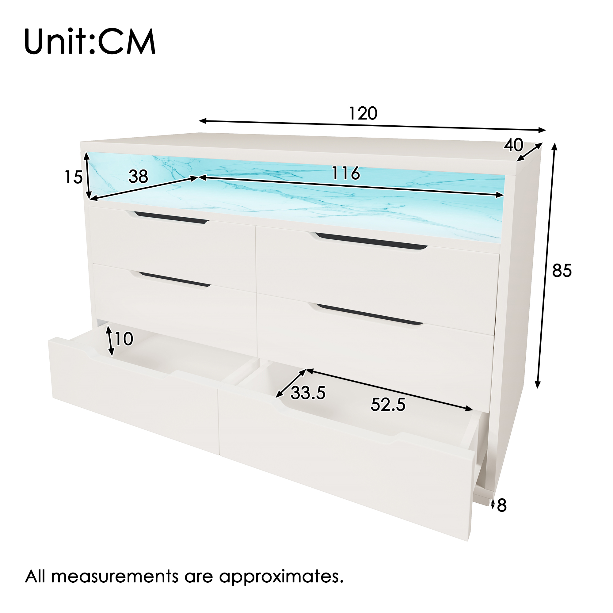 Modern white marbled 6-drawer LED sideboard