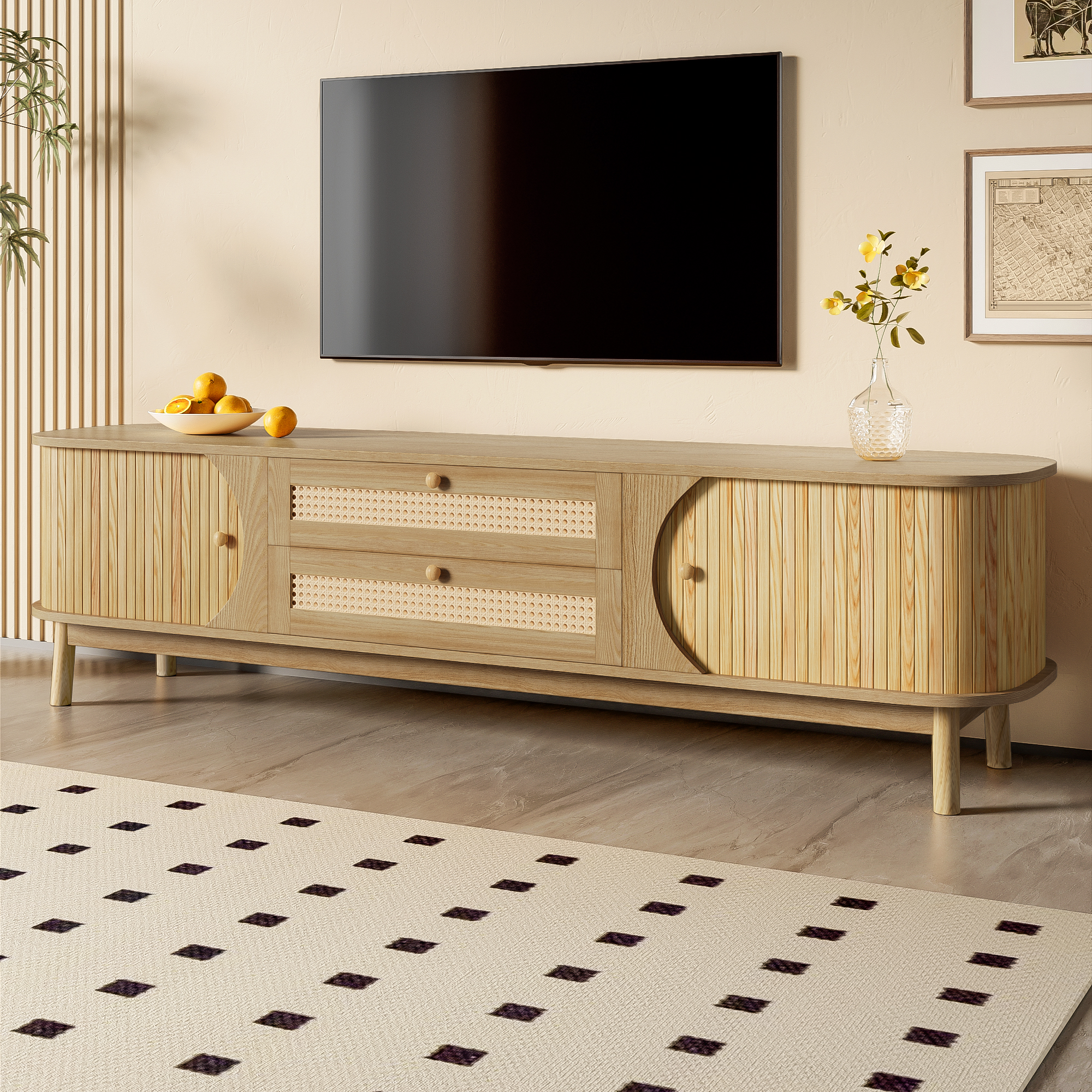 TV Cabinet Natural Wood-Blend TV With Doors And Drawers. TV Stand Rattan Sides. — image 6