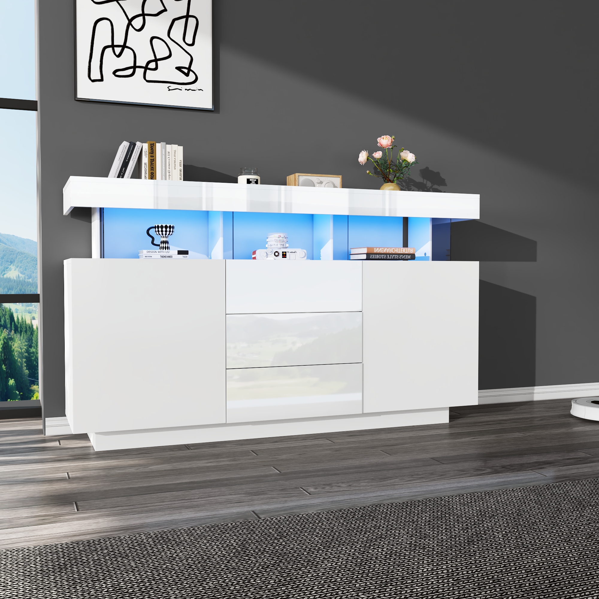 High Gloss Storage Cabinet With LED Lights, Sideboard Buffet 3 Drawers 2 Doors — image 3