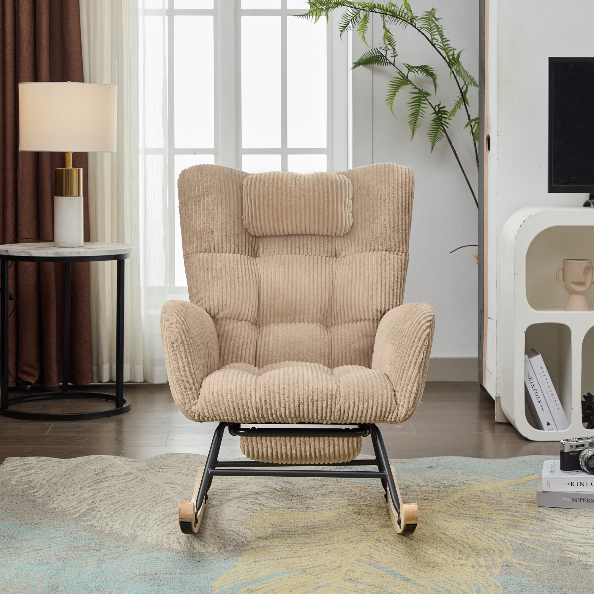 Rocking Chair With Adjustable Footrest, Headrest, Fabric Wooden — image 6