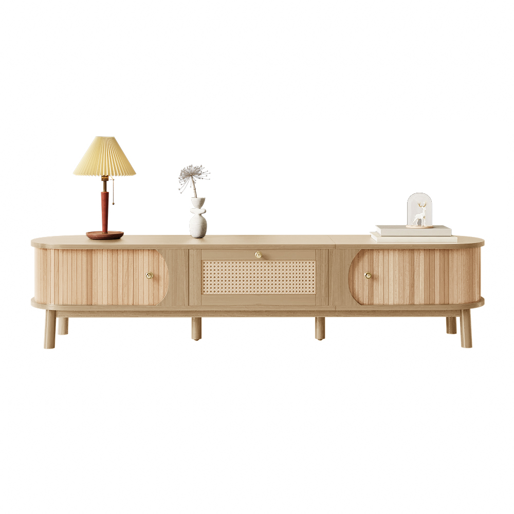 TV Cabinet TV Stand With Solid Natural Wood Doors And Rattan Drawers. Storage — image 3