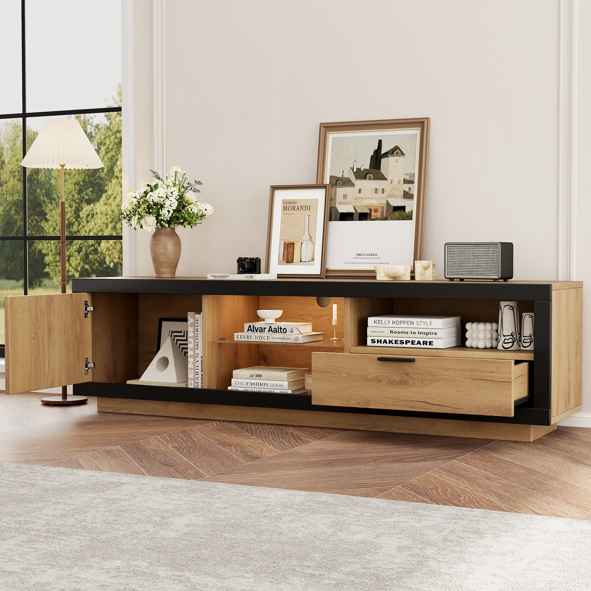 TV Stand Cabient With 1 Drawer 1Door, TV Cabinet Storage Sideboard LED — image 5