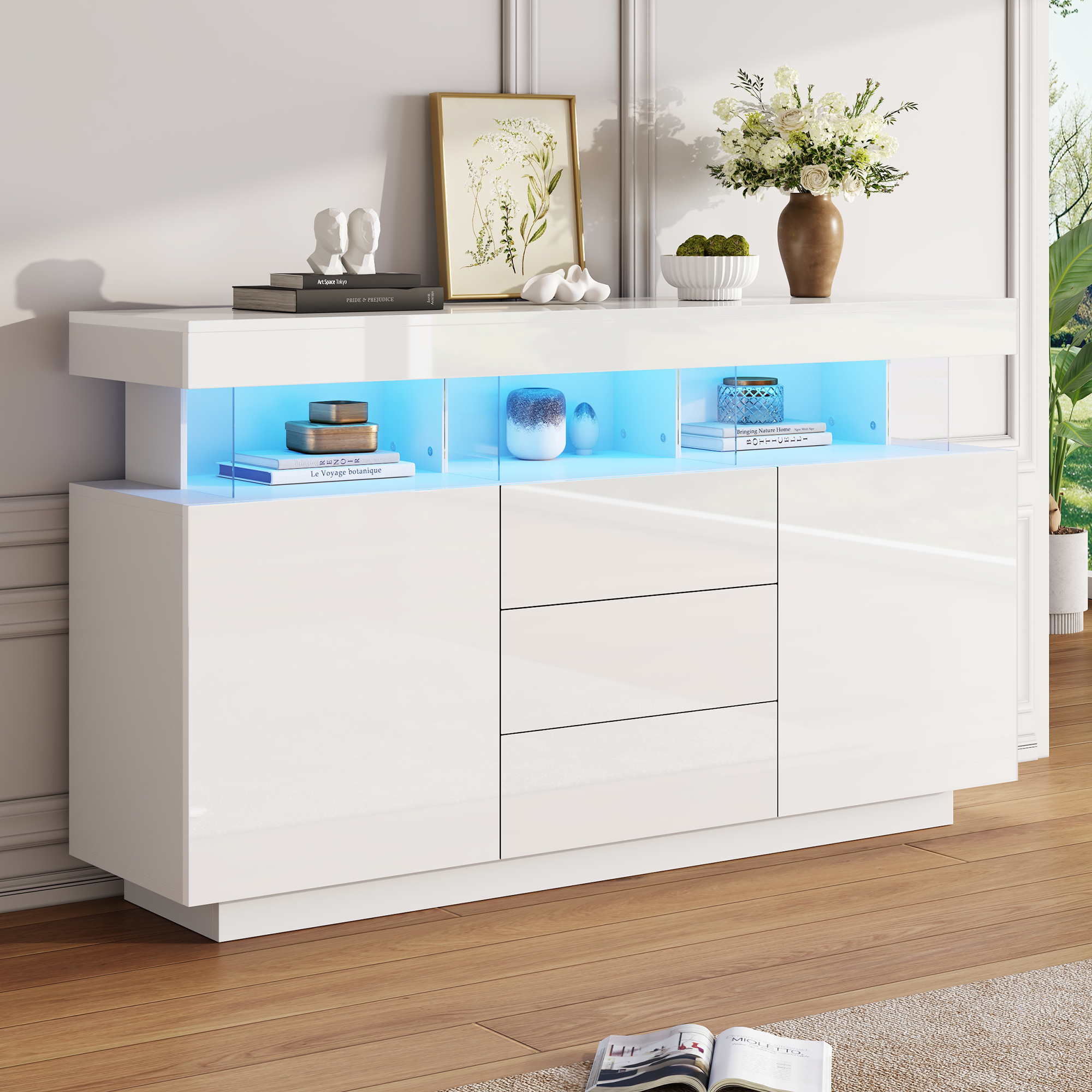 High Gloss Storage Cabinet With LED Lights, Sideboard Buffet 3 Drawers 2 Doors — image 4
