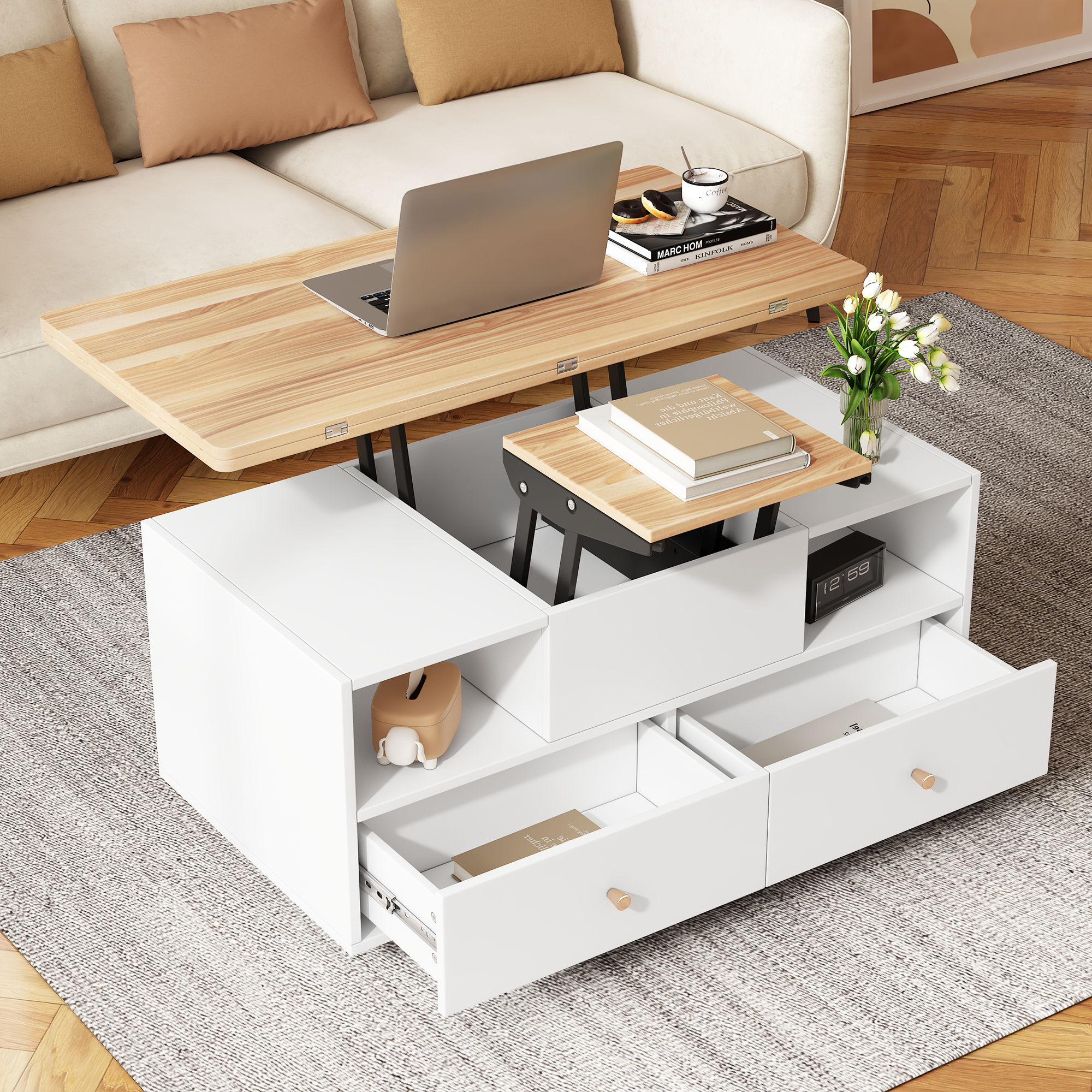 Lift Top Coffee Table With Wheels, Centre 4 Drawers 2 Lifting Platforms — image 3