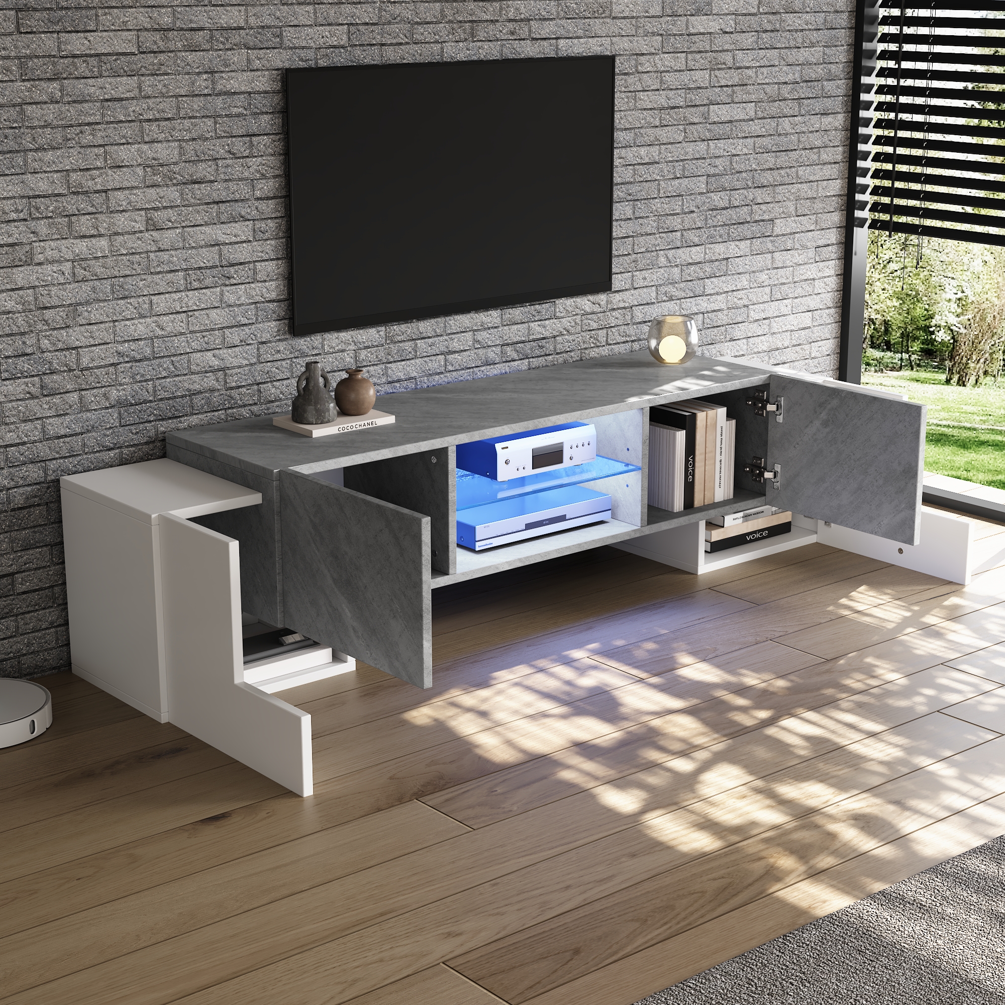 TV Stand Cabient, 4 Doors, 2 Open Storage Areas,TV Cabinet Sideboard With LED — image 6