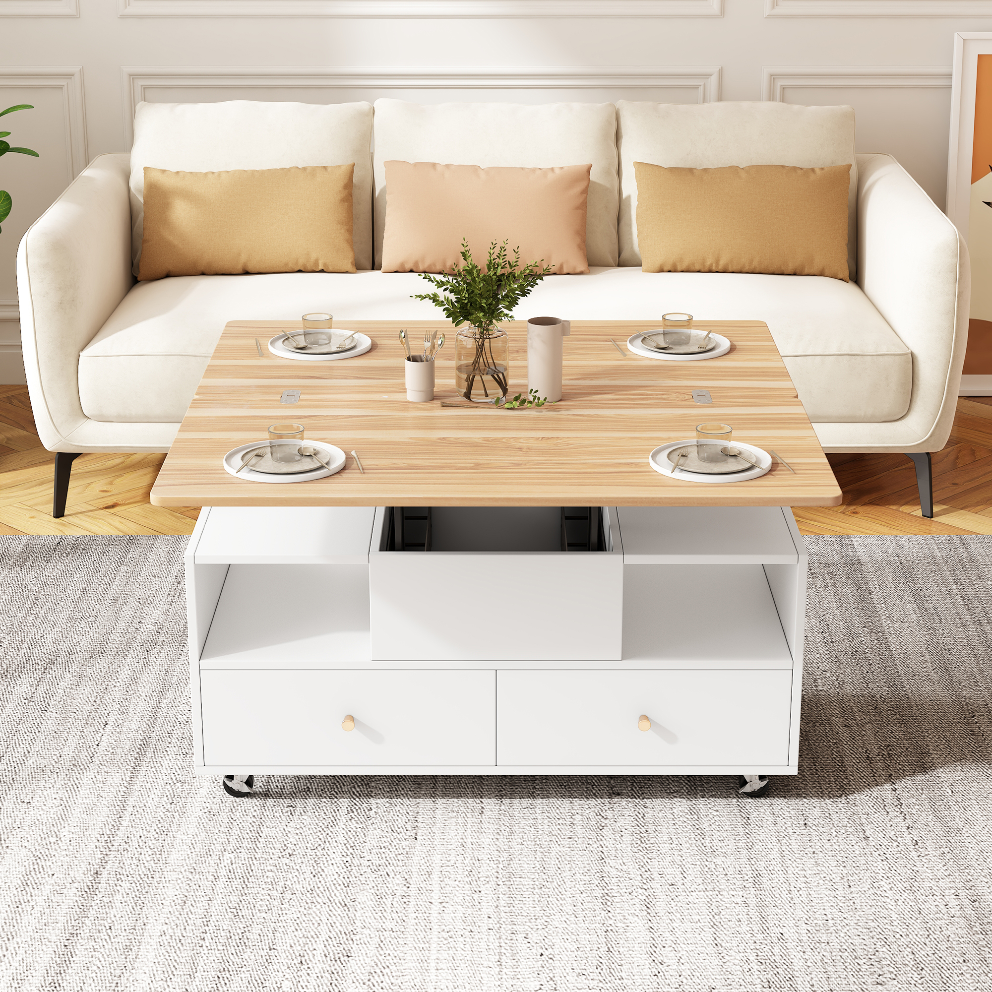 Lift Top Coffee Table With Wheels, Centre 4 Drawers 2 Lifting Platforms — image 4