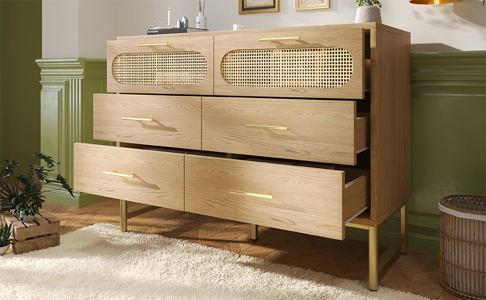 Rattan Sideboard Storage Cabinet With 6 Drawers, Cupboard Sideboards For Living Room, Bedroom, And Hallway, Metal Handles, Anti-Tip, 120 X 40 X 74 Cm, Oak 5144bcc7 65d3 461a Ae93 398c550ce5de