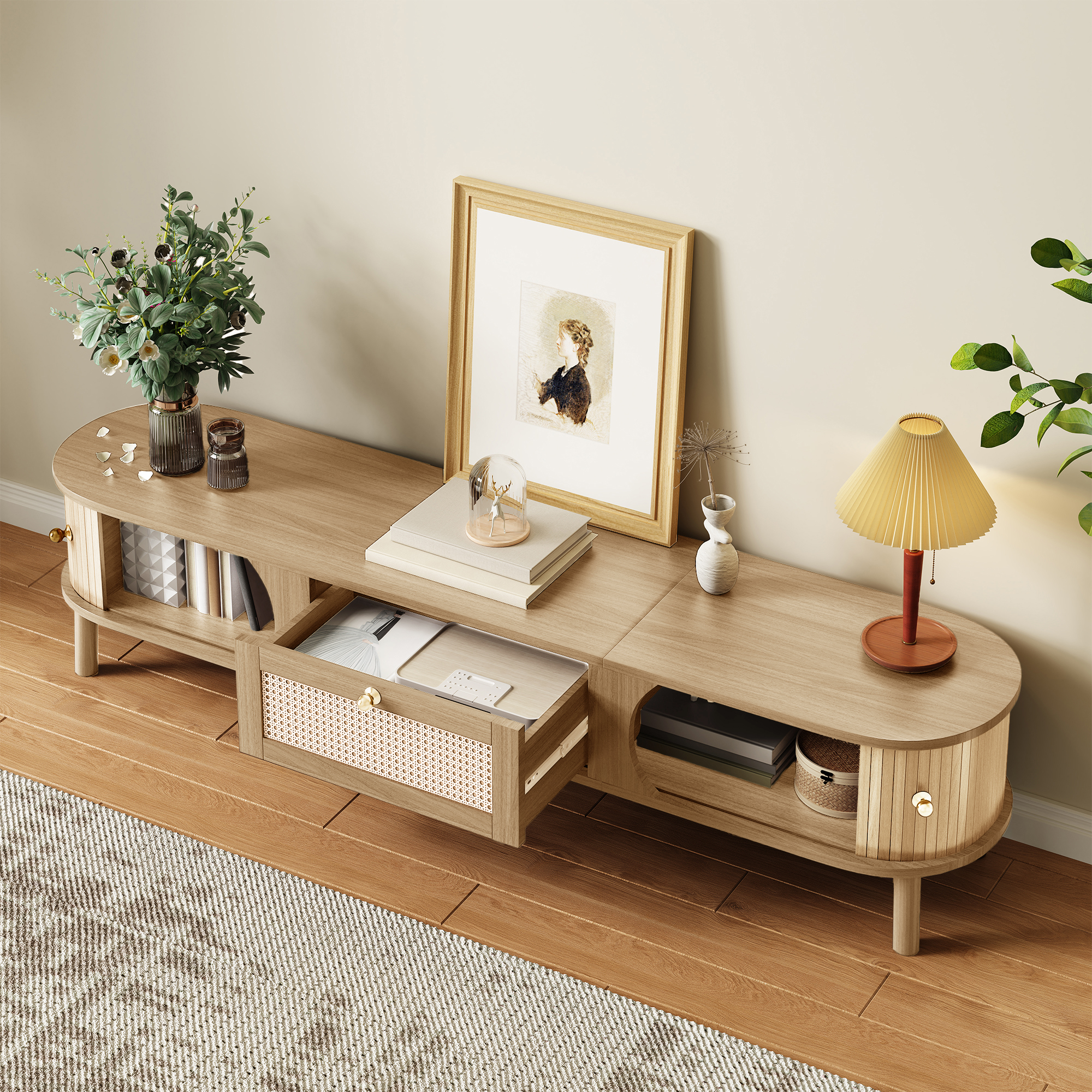 TV Cabinet TV Stand With Solid Natural Wood Doors And Rattan Drawers. Storage — image 5