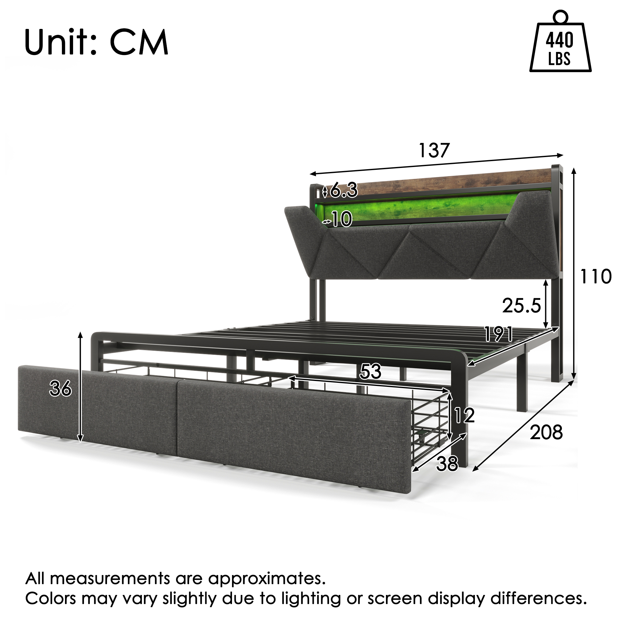 Grey linen double bed with built-in LED headboard storage compartment