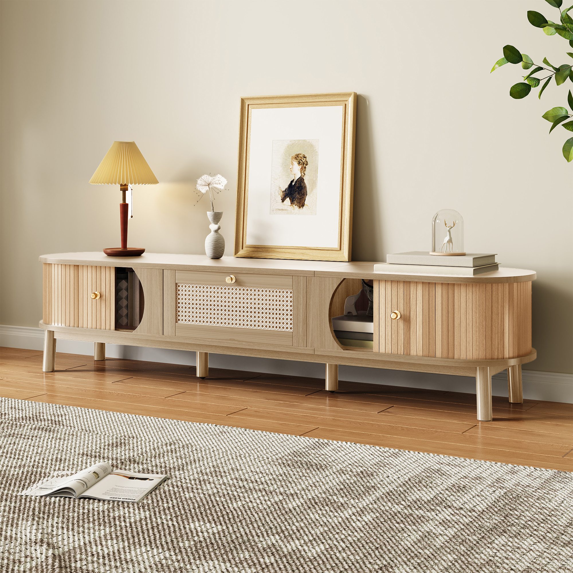 TV Cabinet TV Stand With Solid Natural Wood Doors And Rattan Drawers. Storage — image 4