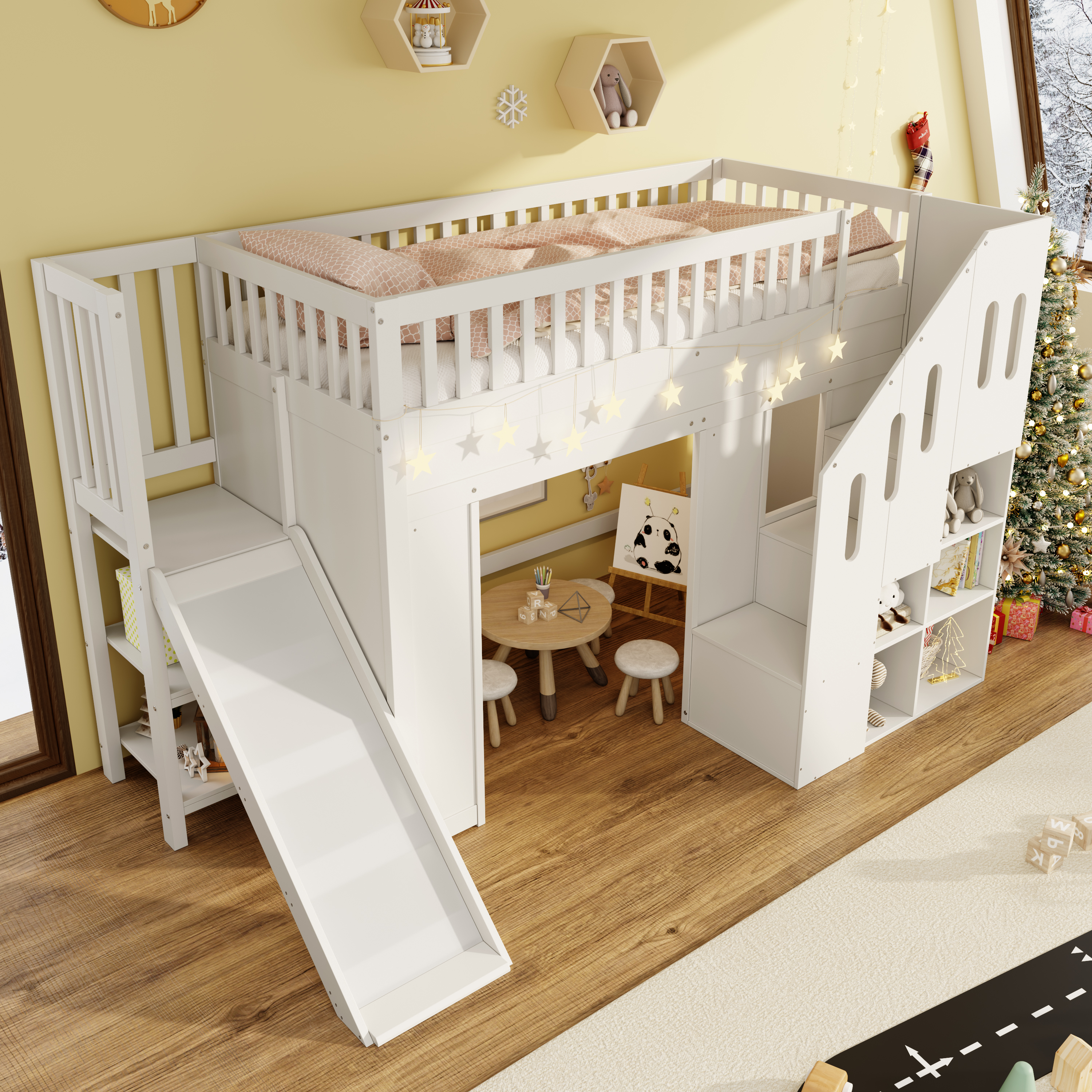 Bunk Bed, Loft 3ft Children's 90x190cm With Fall Protection And Storage Stairs