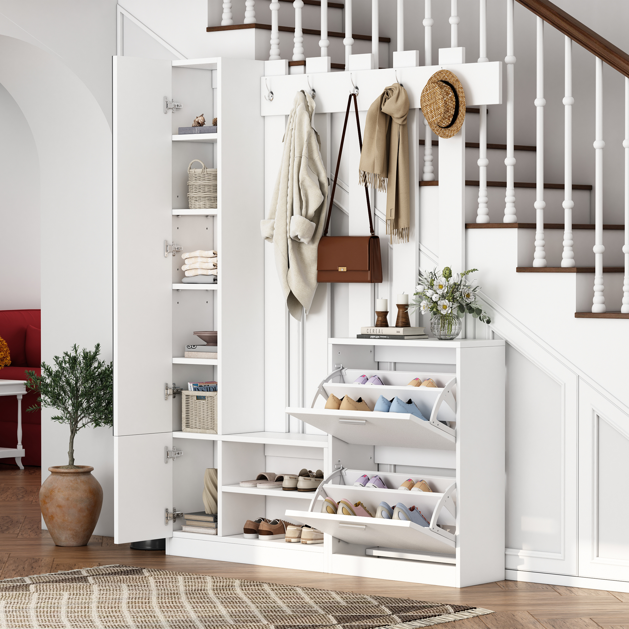 Coat Rack With 4 Tiers Shoe Storage Cabinet, 5 Hooks And Mirror, Hall Tree — image 5