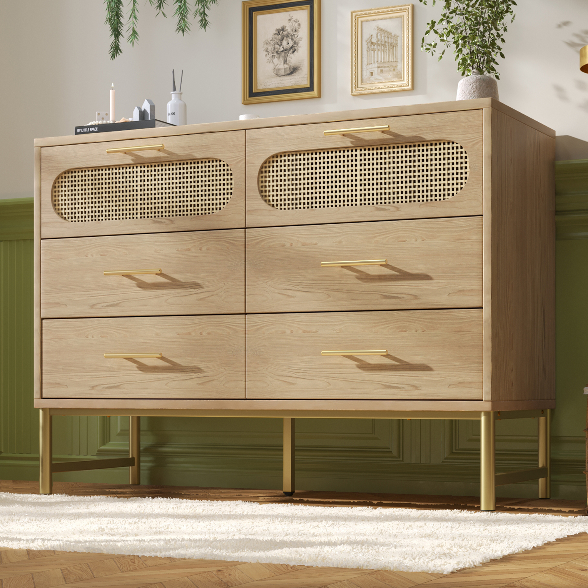 Rattan Sideboard Storage Cabinet With 6 Drawers, Cupboard Sideboards For Living Room, Bedroom, And Hallway, Metal Handles, Anti-Tip, 120 X 40 X 74 Cm, Oak 5f60d897 A63f 403e 8a3e A386215d0dcd