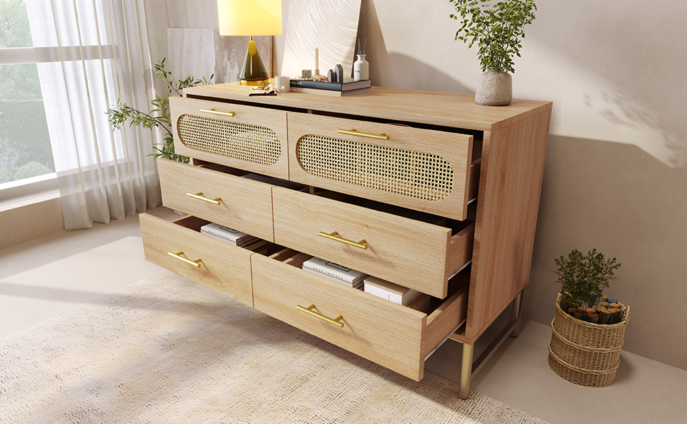 Rattan Sideboard Storage Cabinet With 6 Drawers, Cupboard Sideboards For Living Room, Bedroom, And Hallway, Metal Handles, Anti-Tip, 120 X 40 X 74 Cm, Oak 6497eb5a 92fc 4706 9362 56fa9df1c749