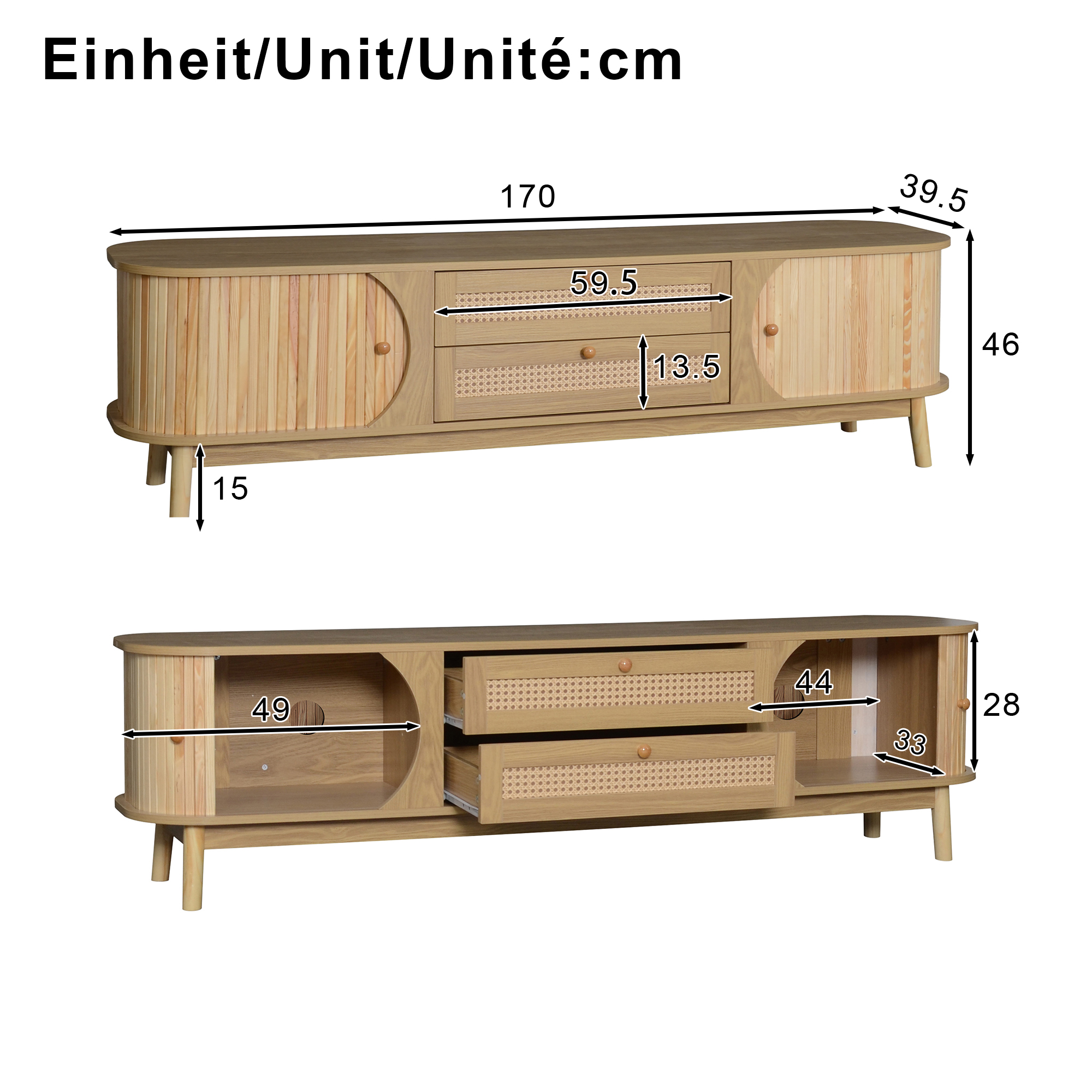 TV Cabinet Natural Wood-Blend TV With Doors And Drawers. TV Stand Rattan Sides. — image 2