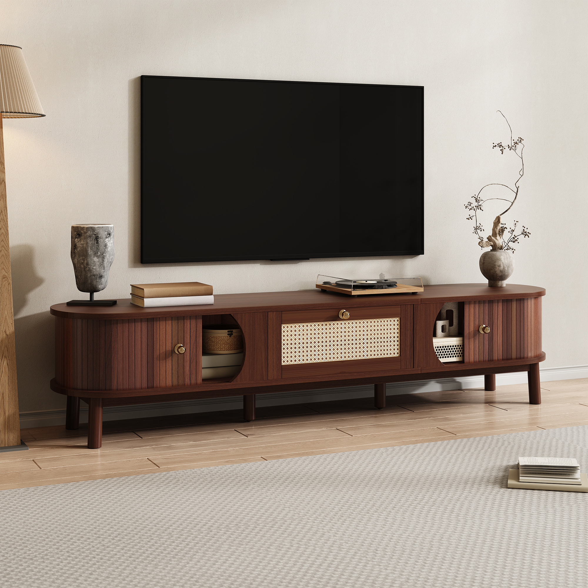 TV Cabinet TV Stand With Solid Natural Wood Doors And Rattan Drawers. Storage — image 6