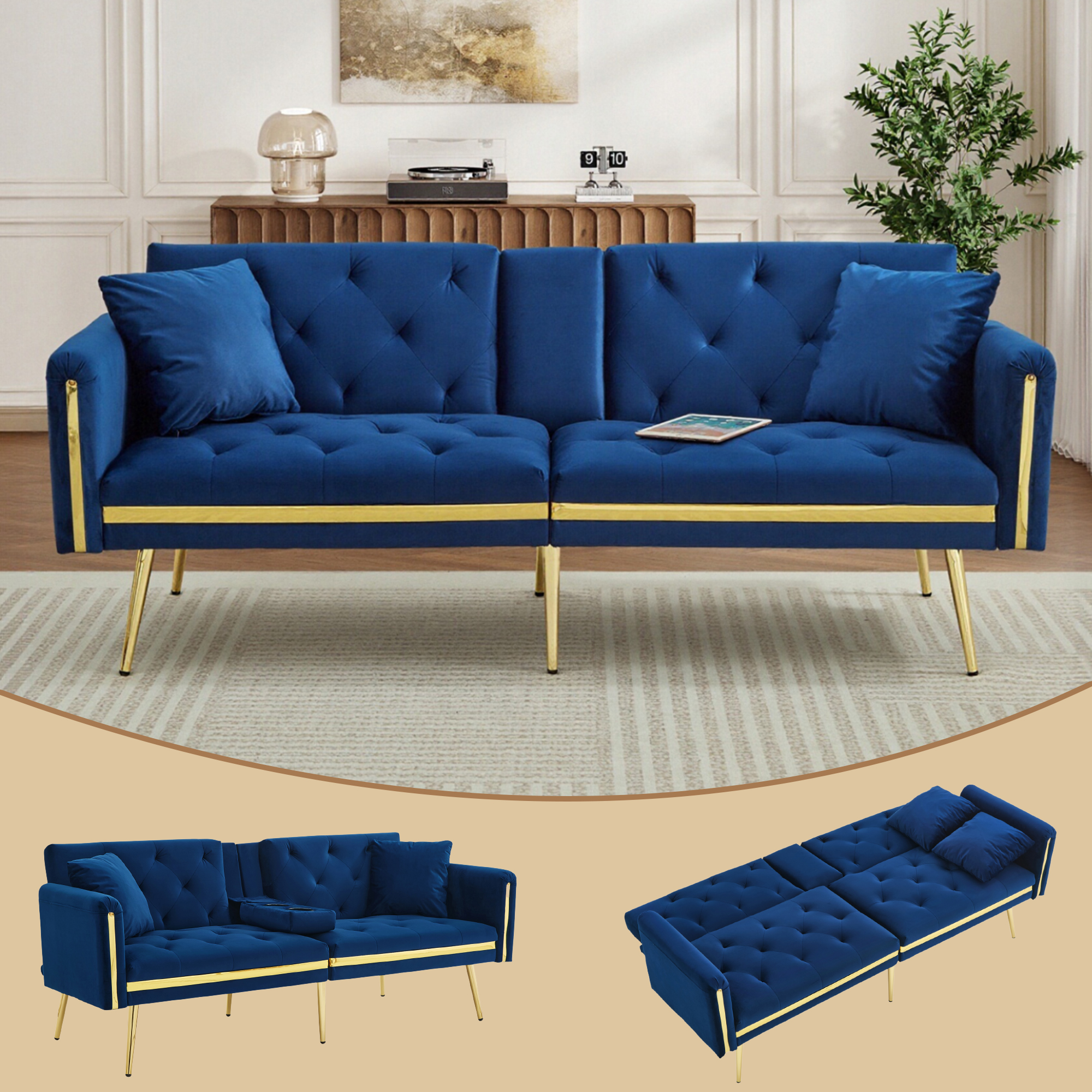 Two-seater Sofa Bed With Adjustable Backrest, Gold Accents And Built-in Cup — image 2