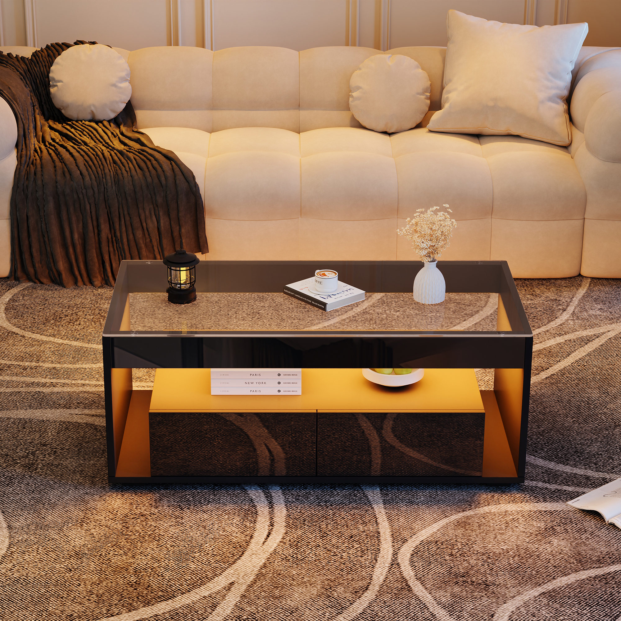 High Gloss Coffee Table With Open Storage, LED Lights, Centre Glass Tabletop — image 4