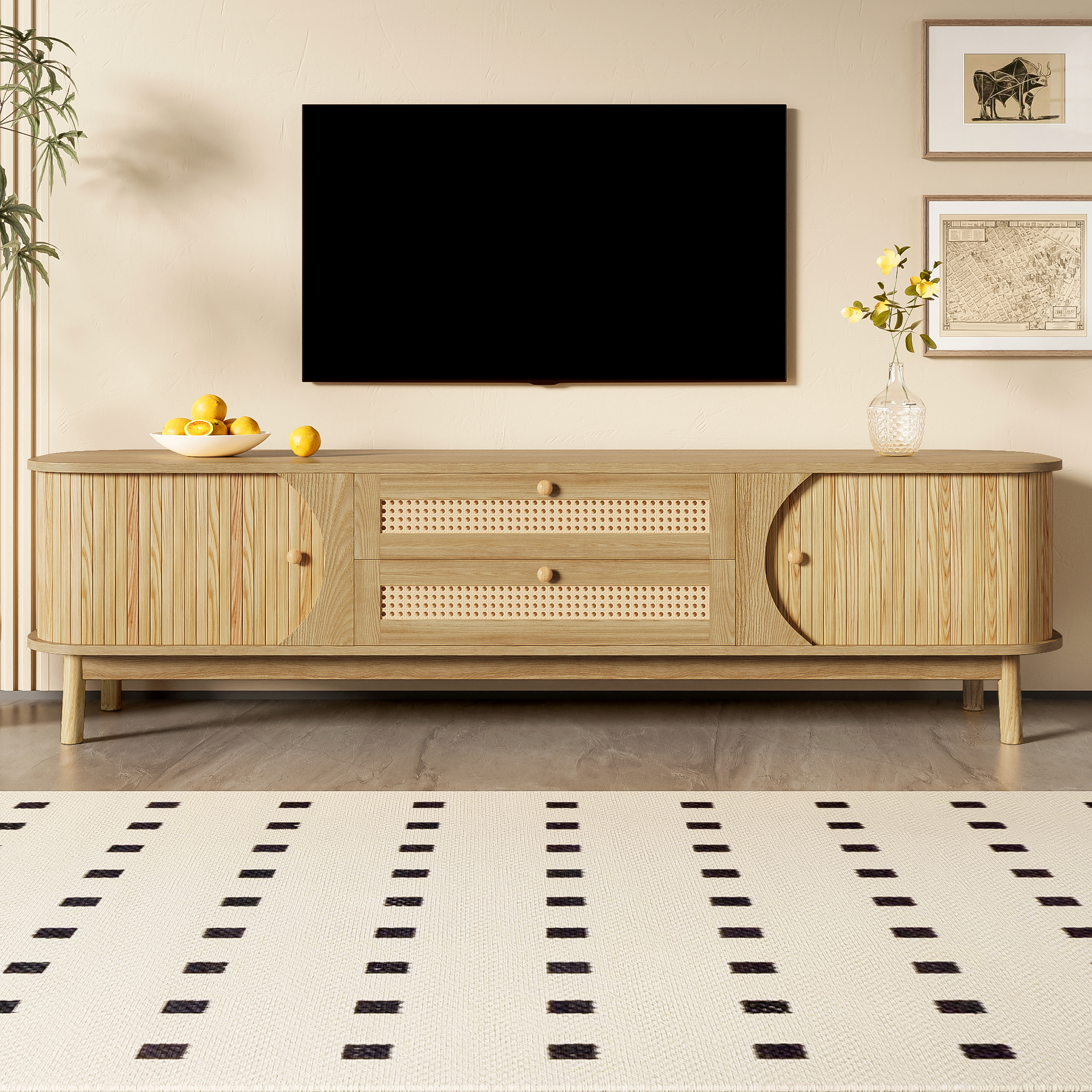 TV Cabinet Natural Wood-Blend TV With Doors And Drawers. TV Stand Rattan Sides. — image 3