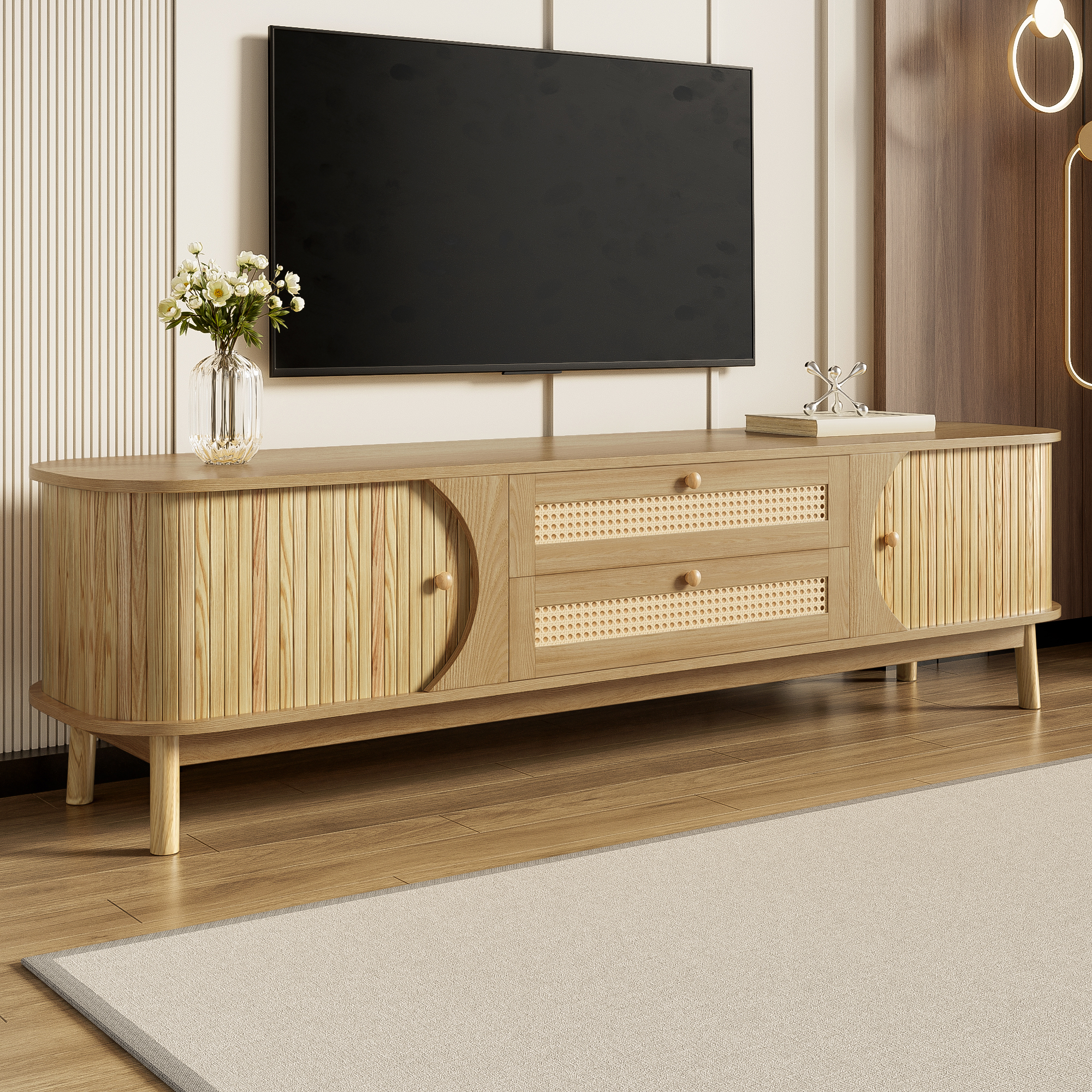 TV Cabinet Natural Wood-Blend TV With Doors And Drawers. TV Stand Rattan Sides. — image 4