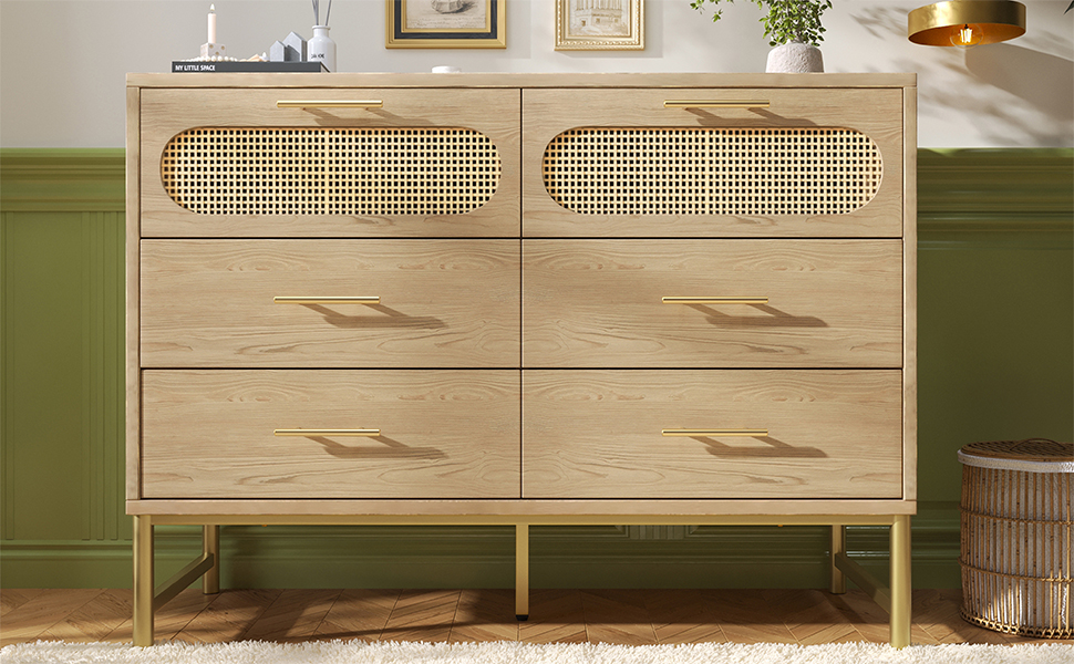 Rattan Sideboard Storage Cabinet With 6 Drawers, Cupboard Sideboards For Living Room, Bedroom, And Hallway, Metal Handles, Anti-Tip, 120 X 40 X 74 Cm, Oak 7dab0827 2e56 4da3 9f98 36509c9cb36e