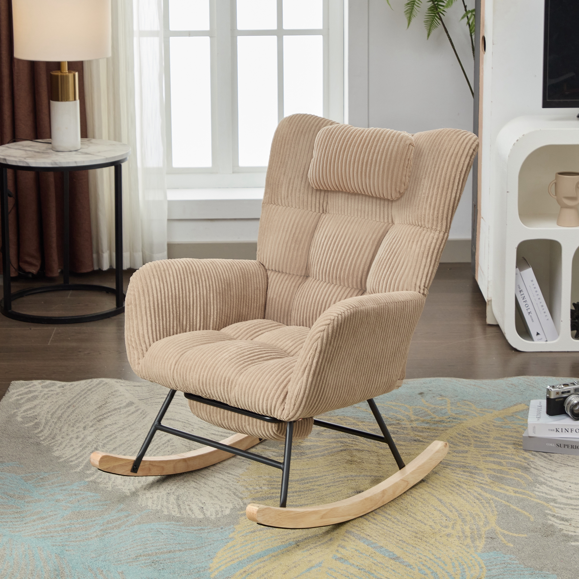 Rocking Chair With Adjustable Footrest, Headrest, Fabric Wooden — image 3