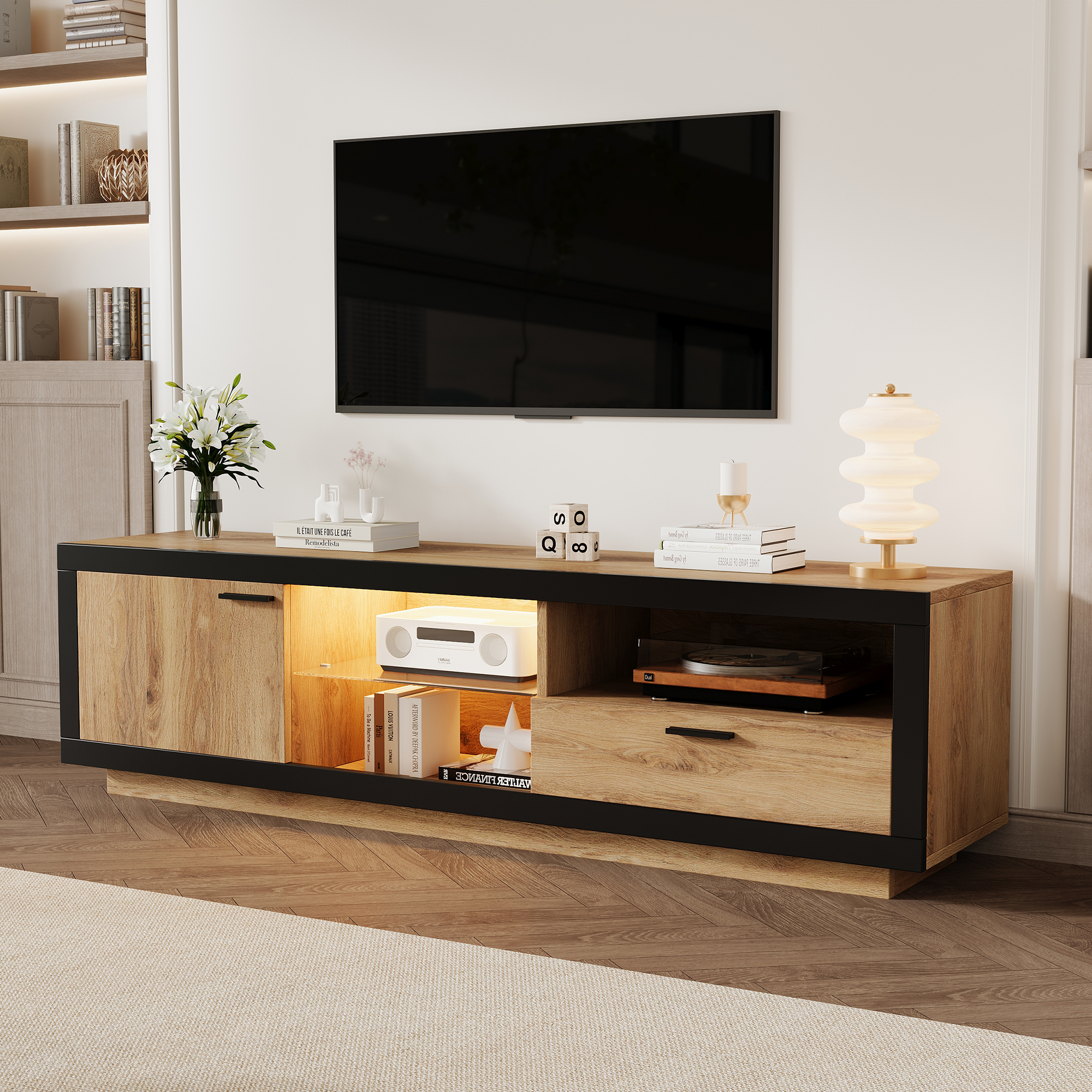 TV Stand Cabient With 1 Drawer 1Door, TV Cabinet Storage Sideboard LED — image 4