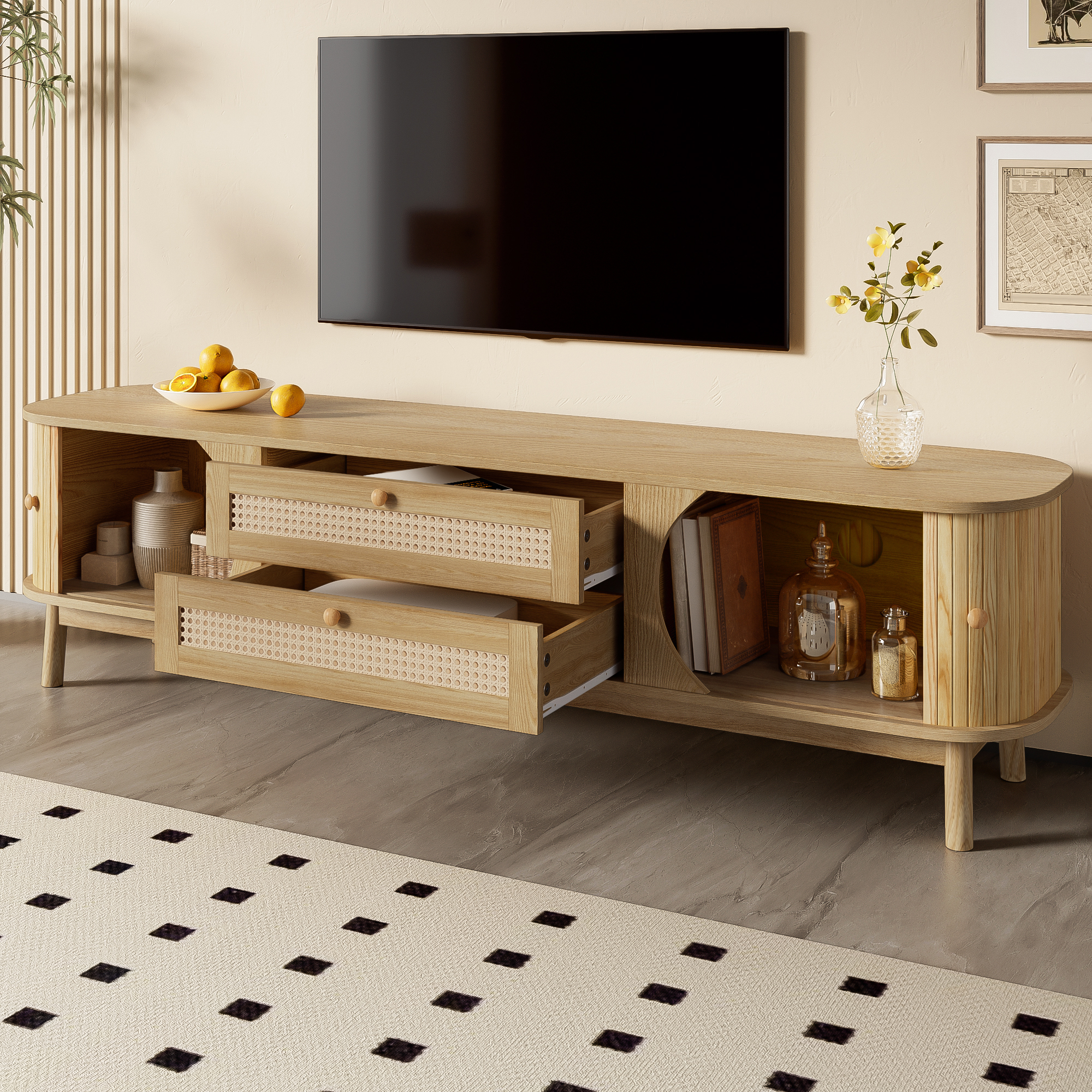 TV Cabinet Natural Wood-Blend TV With Doors And Drawers. TV Stand Rattan Sides. — image 5