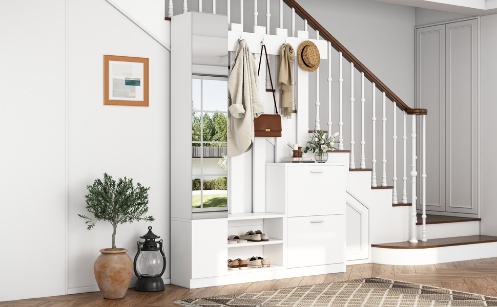 Coat Rack With 4 Tiers Shoe Storage Cabinet, 5 Hooks And Mirror, Hall Tree — image 4