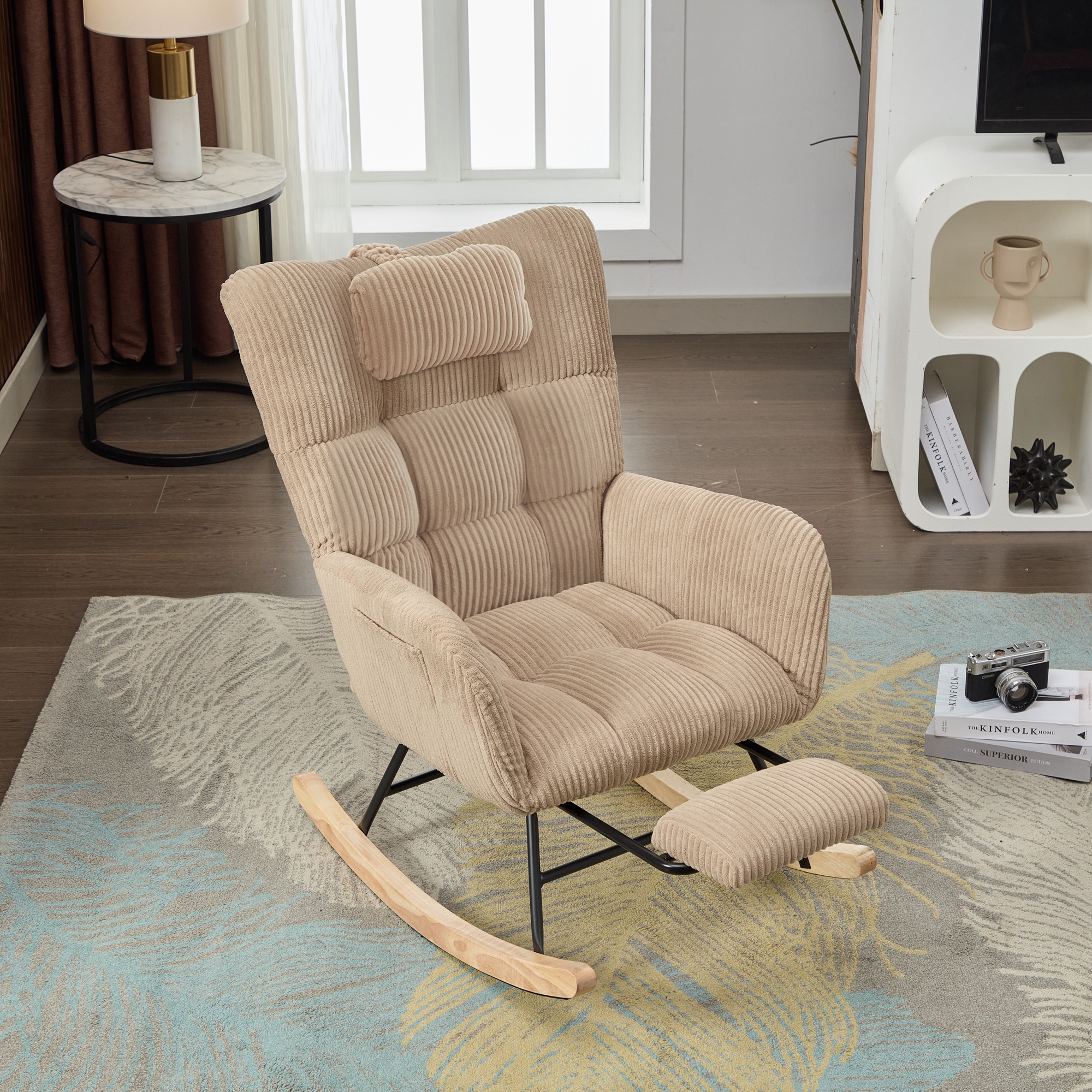 Rocking Chair With Adjustable Footrest, Headrest, Fabric Wooden — image 5