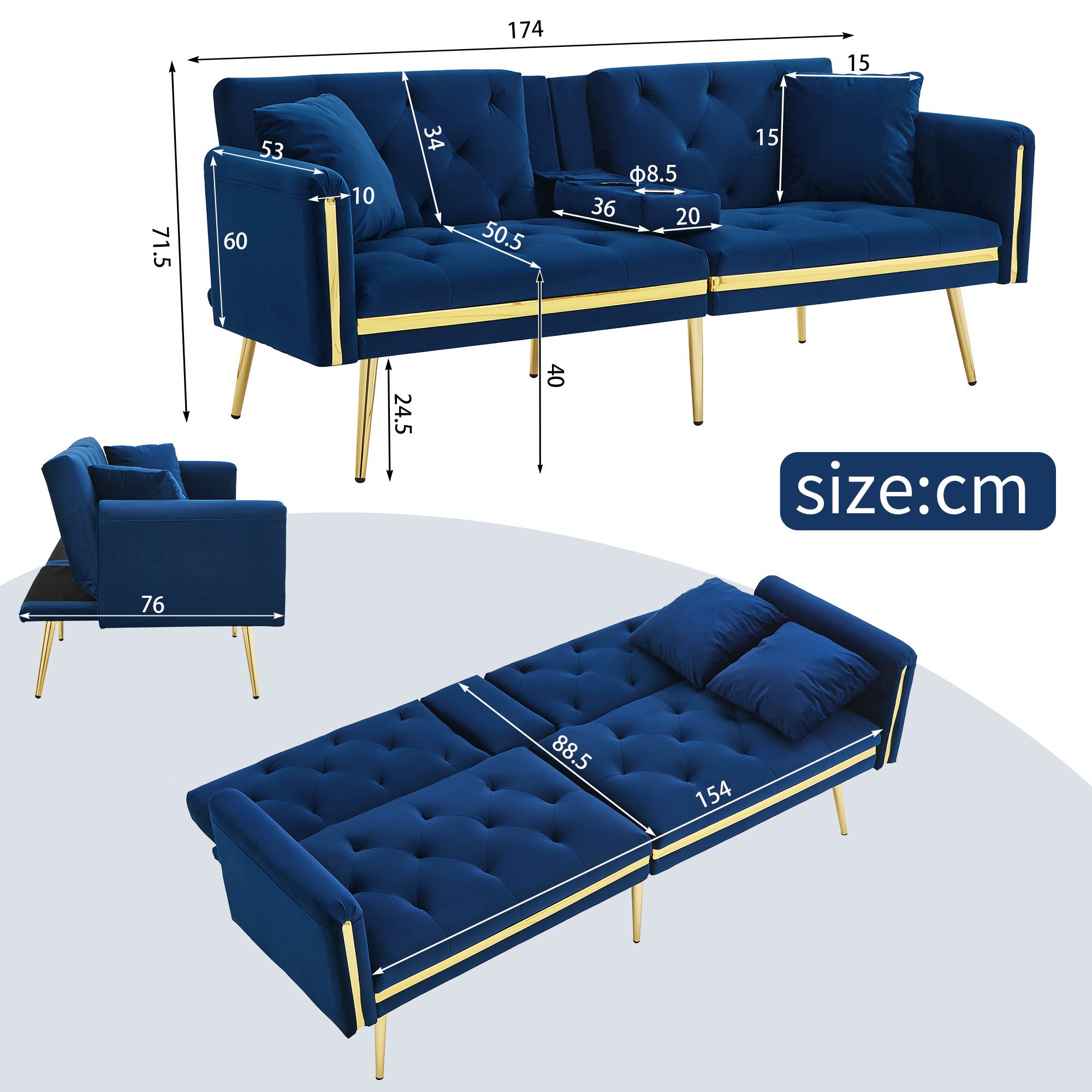 Two-seater Sofa Bed With Adjustable Backrest, Gold Accents And Built-in Cup — image 6