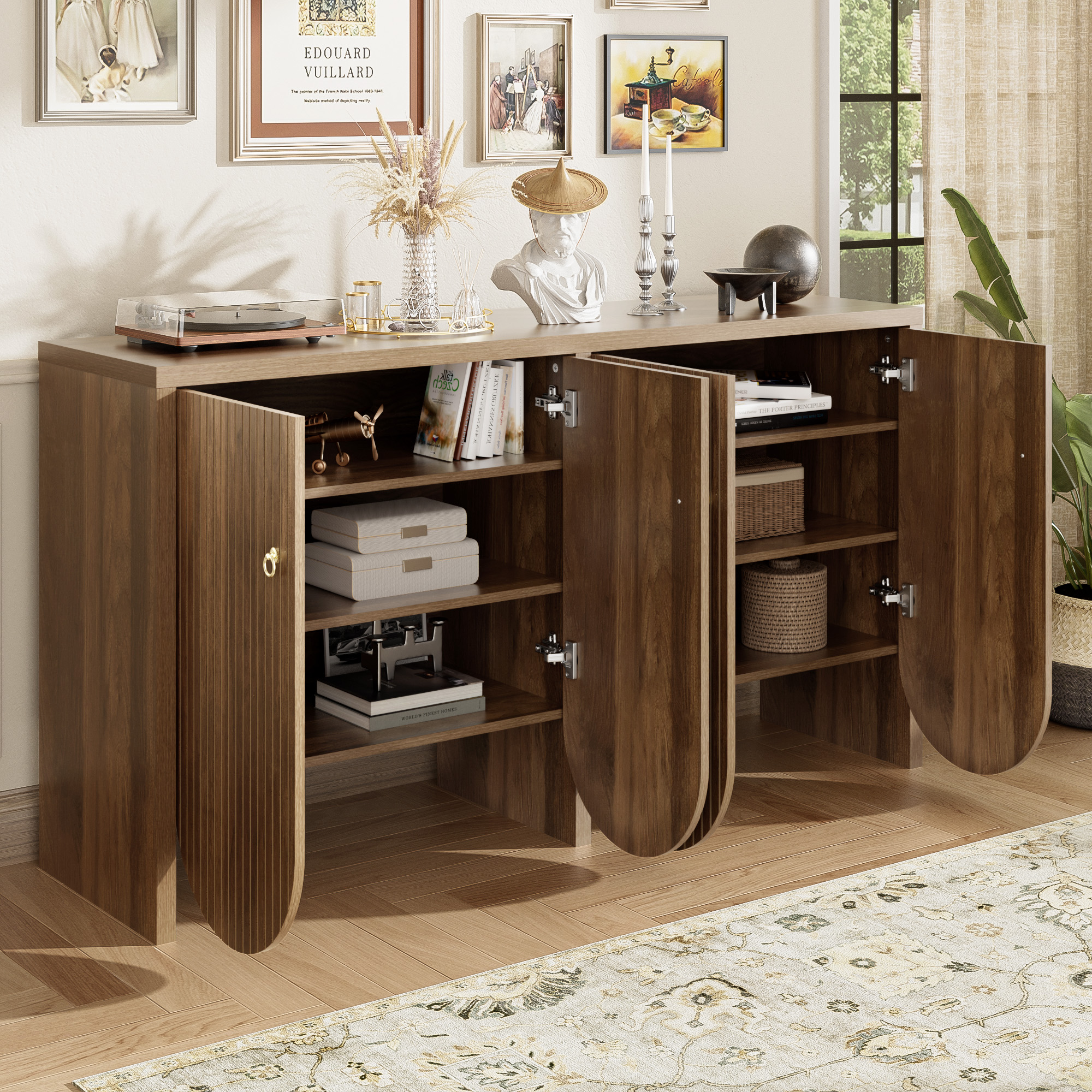 Elegant Sideboard In Walnut Look 147X40X80 Cm With 4 Doors Adjustable Shelves Aluminum Handles Versatile Storage Cabinet For Living Room, Dining Room Hallway 96654b60 D970 46ef B688 F2f4bf07cf85