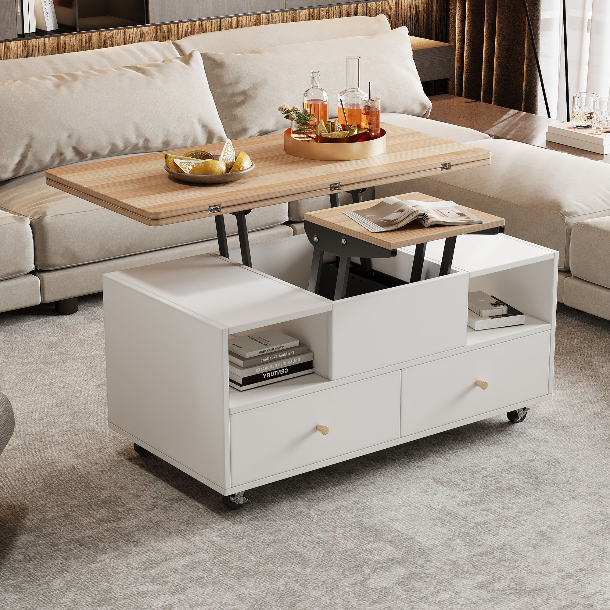 Lift Top Coffee Table With Wheels, Centre 4 Drawers 2 Lifting Platforms — image 5