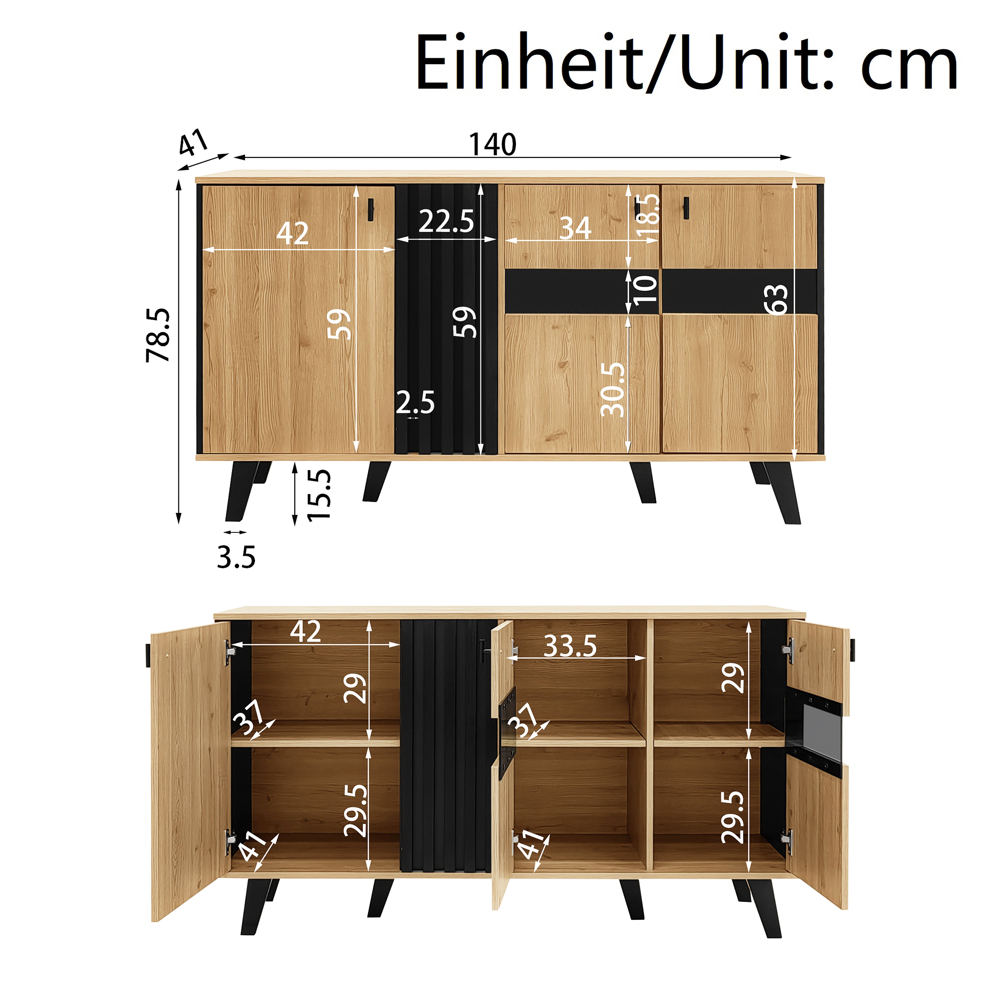 140X41X78.5 Cm Sideboard, Color-coordinated Design In Wood And Black — image 6